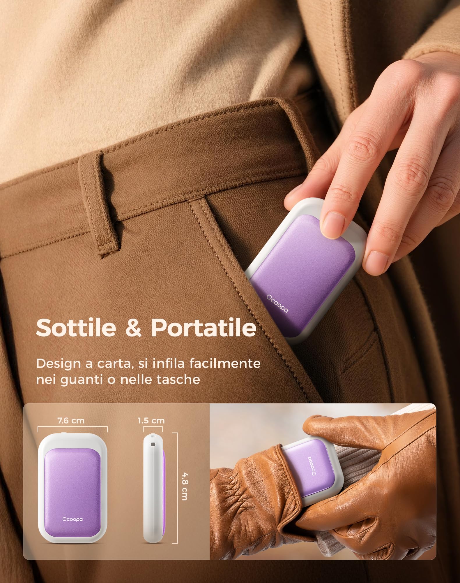 Scaldamani ricaricabili, confezione da 2, riscaldamento elettrico portatile 6000 mAh, formato tascabile, ultraleggeri e sottili, 5 livelli di riscaldamento fino a 55 °C, perfetti per il campeggio