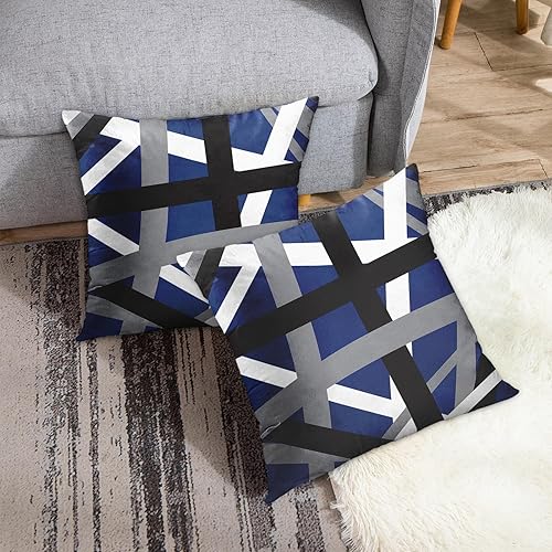 Miniatura 5 de Emvency Juego de 2 fundas de almohada con rayas azules y negras, diseño gris y blanco, funda de almohada decorativa retro, funda de almohada a rayas