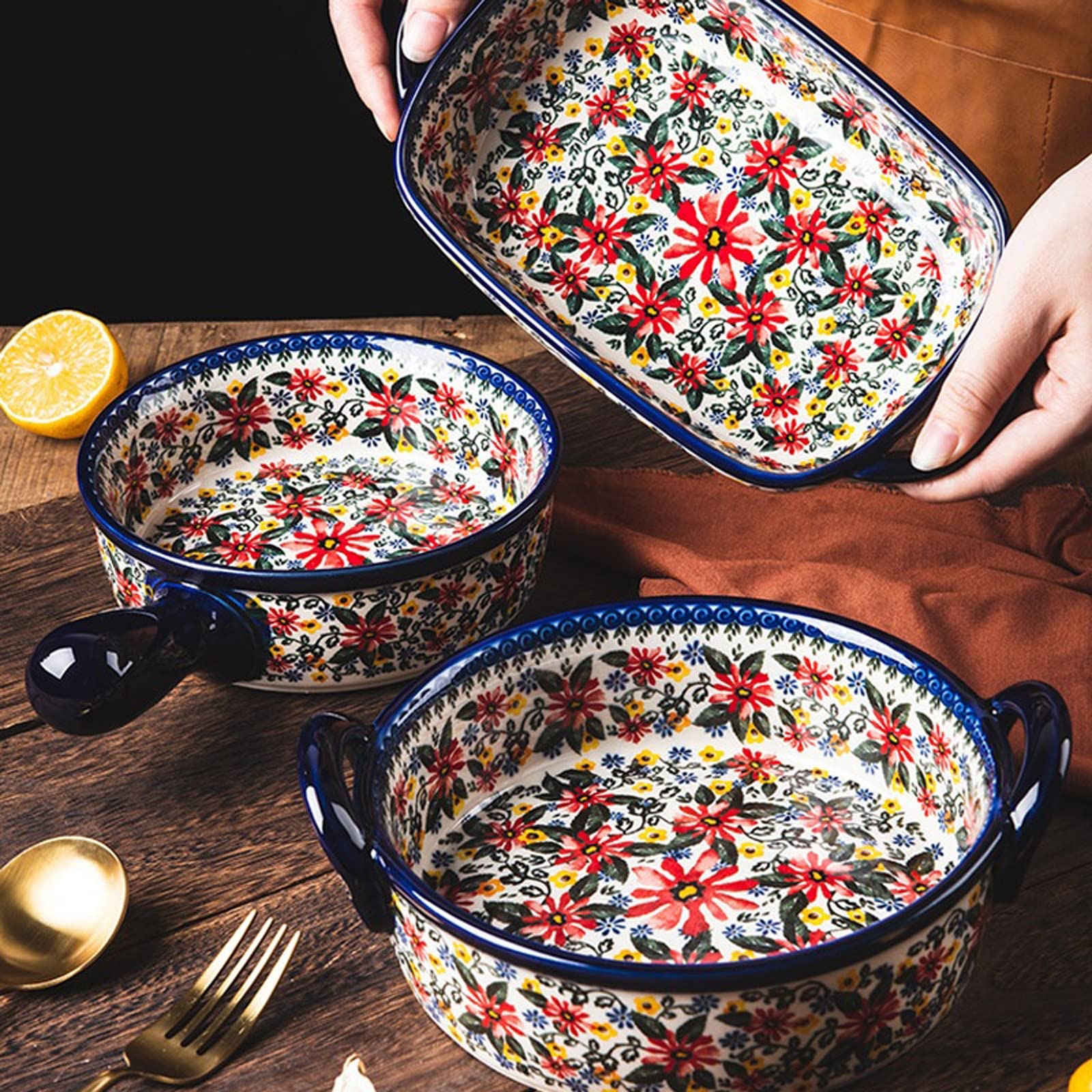 Obuuszne naczynie do pieczenia, naczynia do pieczenia Ceramiczne naczynia do pieczenia Domowe naczynie do pieczenia Ręcznie malowane talerz sałatkowy Miska do ryżu Obustronna forma do pieczenia Zastaw