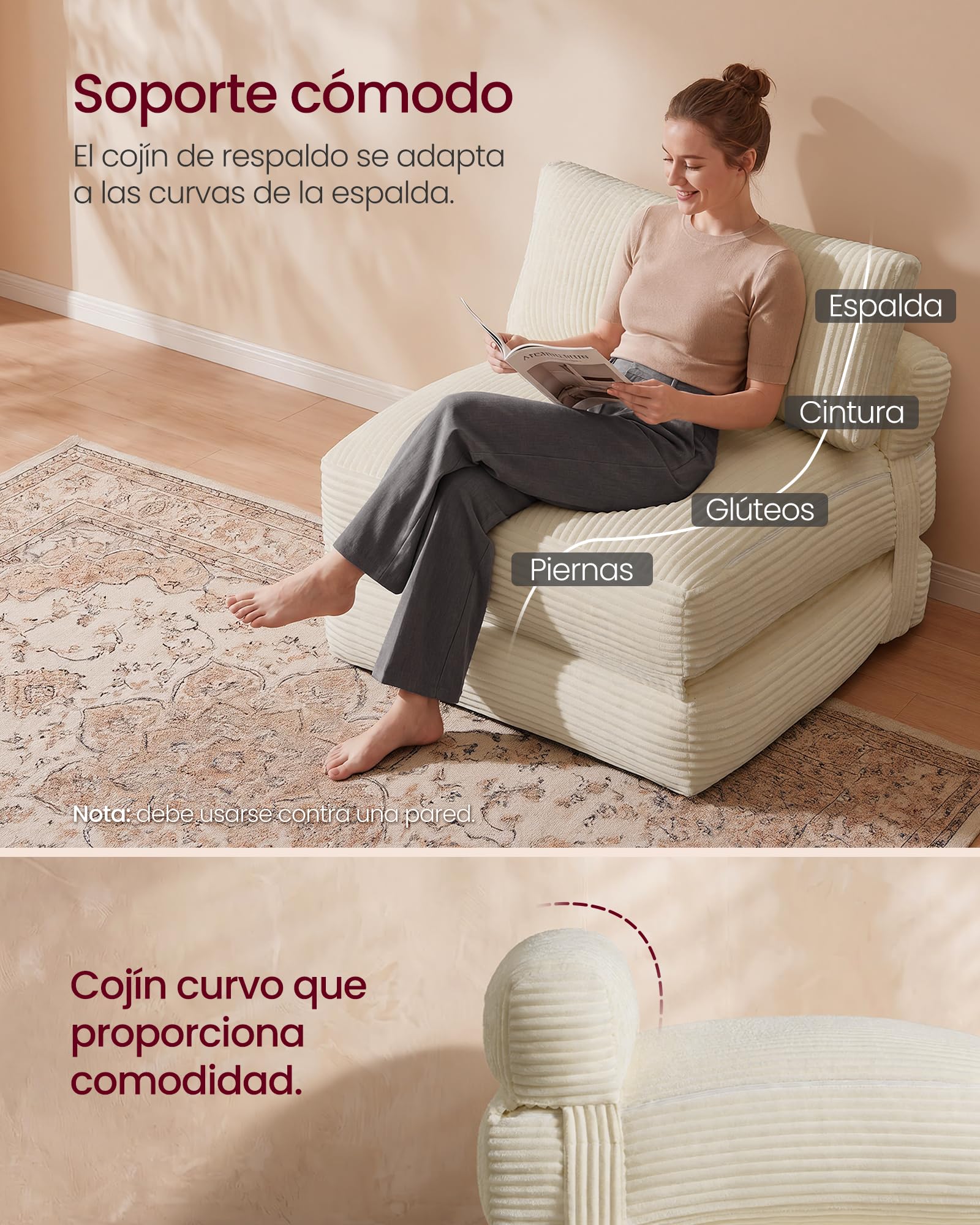 VASAGLE Sofá Cama Plegable, Sillón de Pana con Espuma de Alta Densidad, 89 x 89 x 78 cm / 89 x 195 x 43 cm, Blanco Cálido Claro, para Espacios Pequeños y Salón, Colección Camila LCS211W101