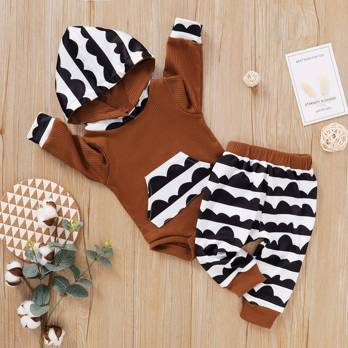 Newborn Infant Baby Boy Outfit Long Sleeve Hooded Pullover Romper Top Striped Pants 2Pcs Fall Winter Clothes Set (Brown,0-3 Months)