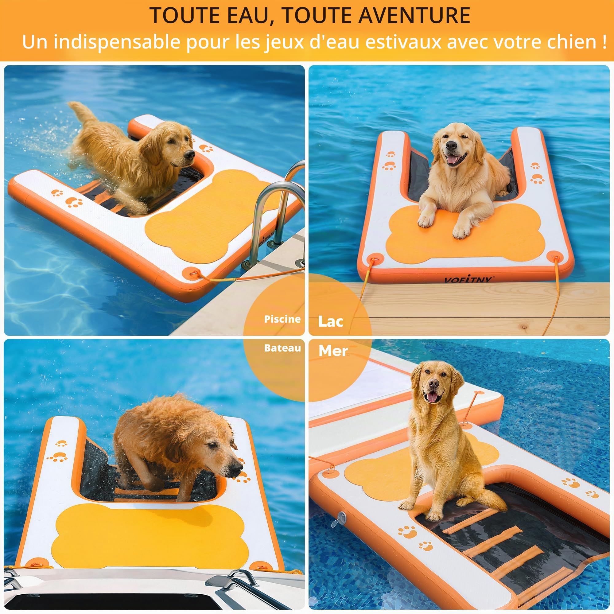 VOFiTNY Rampe de Piscine pour Chiens Jusqu'à 90kg, 2025 Nouvelles Rampes de Bateau pour Chiens avec Tapis EVA Antidérapant & Échelle Pondérée, Marches pour Chien pour Piscine/Bateau/Quai/Mer, Orange