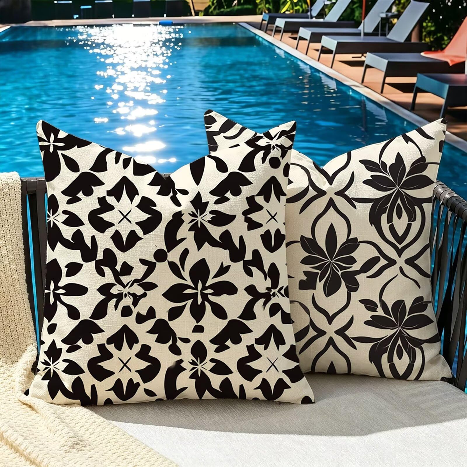 Kissenbezug 65x65cm Outdoor Kissen 2er Set Blume Schwarzweiß Samt