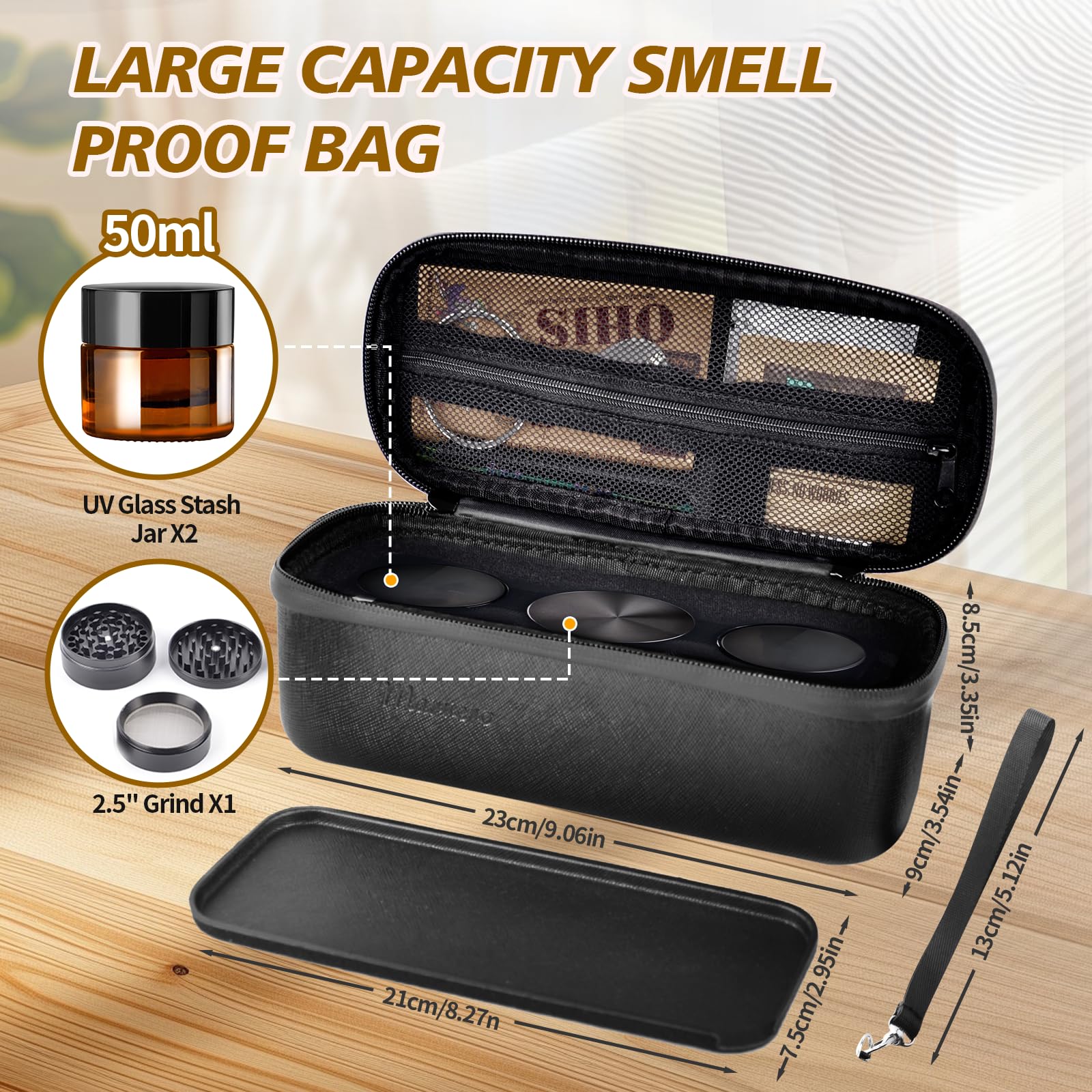 Bolsa a Prueba de Olores - 2 Tarros UV + Molinillo 2", Doble Bolsa Malla, Correa Extraíble, Impermeable y Discreta (23x9x8,5cm),Negro