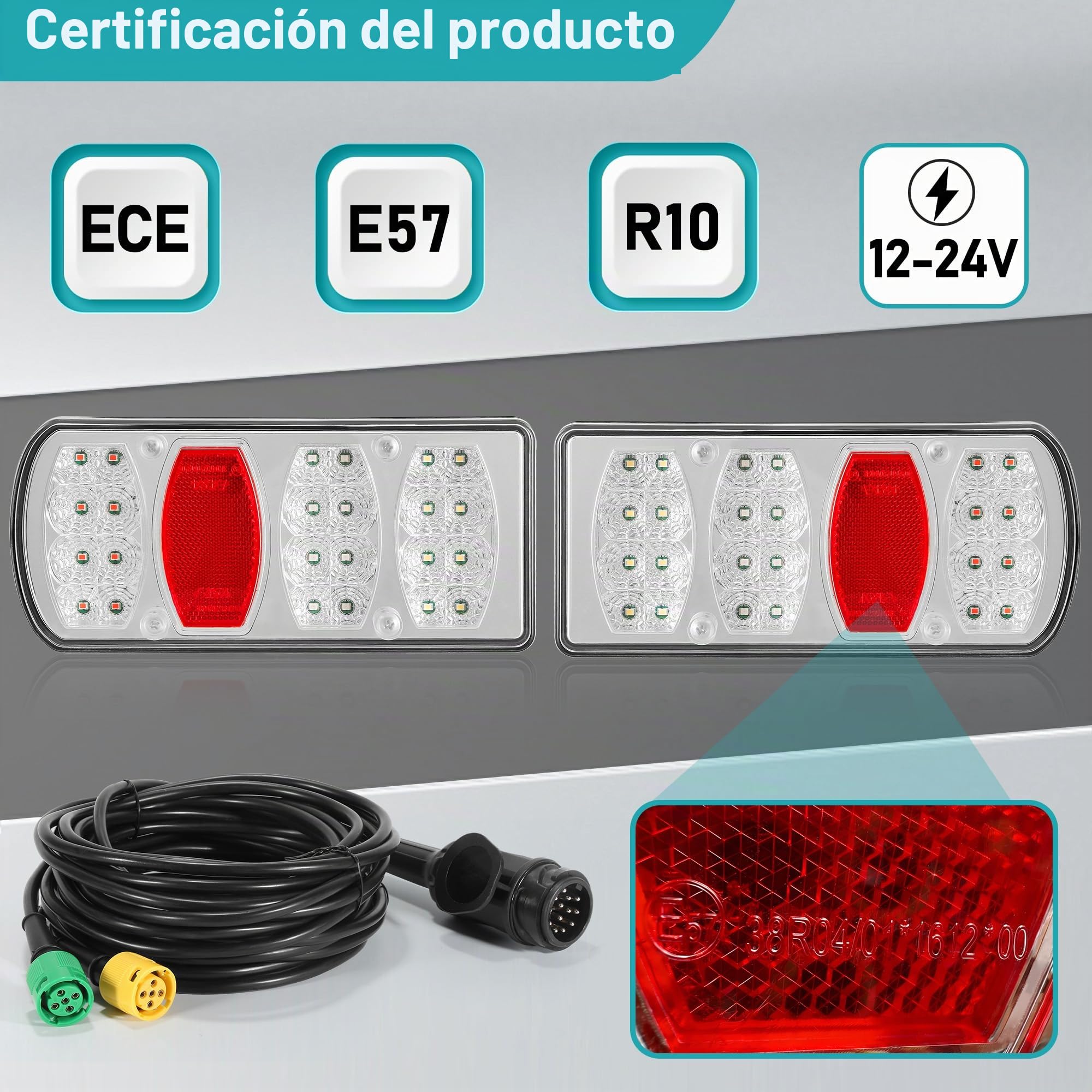 Kit Luces de Remolque 13 Pines 12V/24V Pilotos Traseros Led 7Funciones | IP65 Impermeable E57 Homologados | Conector Bayoneta 5P Pre-cableado 5,5m para Caravana, Camión, Remolque Agrícola