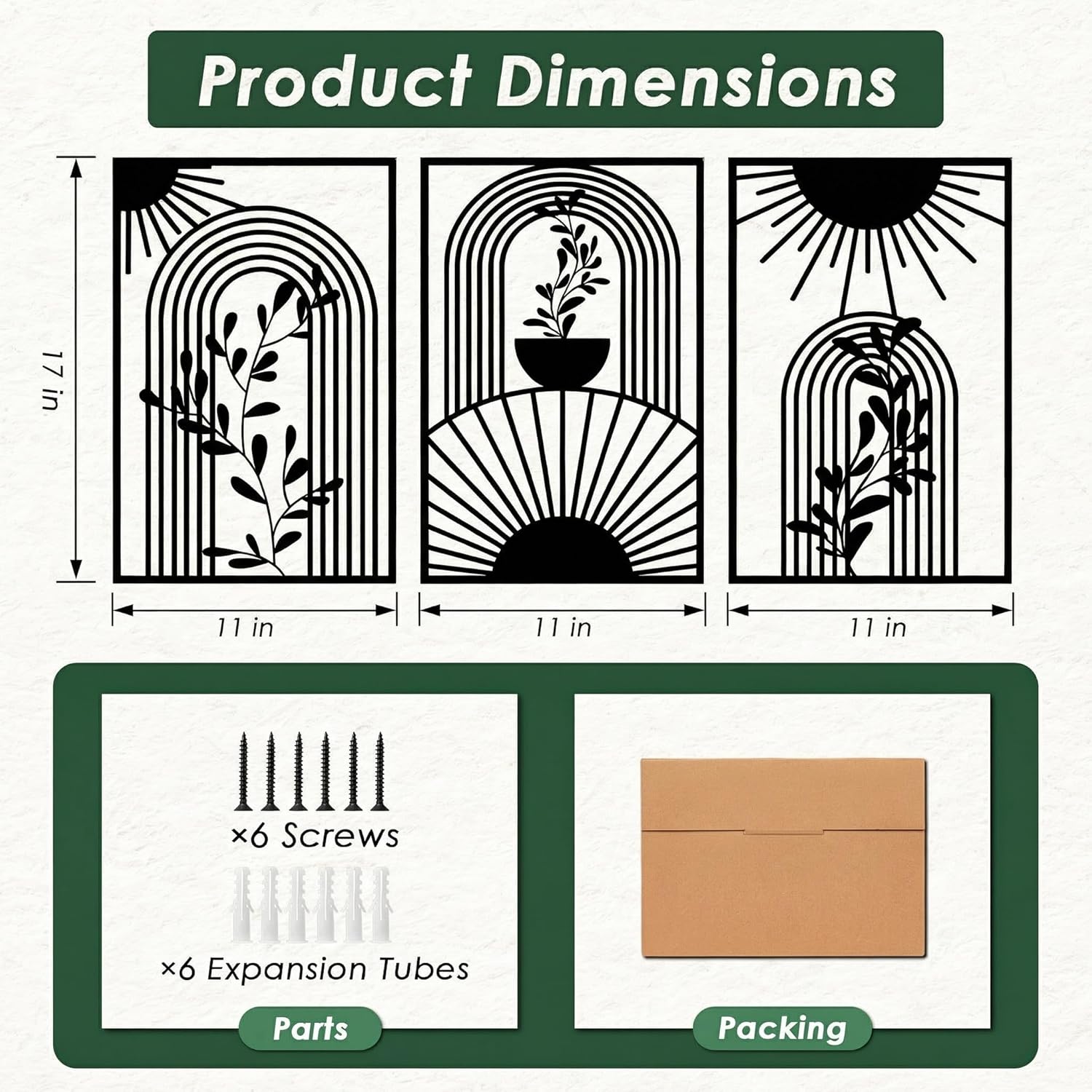 Sanwarm 3 Pieces Metal Wall Decor, Boho Minimalist Botanical Metal Wall Art Sun Modern Black Hanging Decoration for Home Bathroom Living Room Bedroom Garden Office Housewarming Gifts