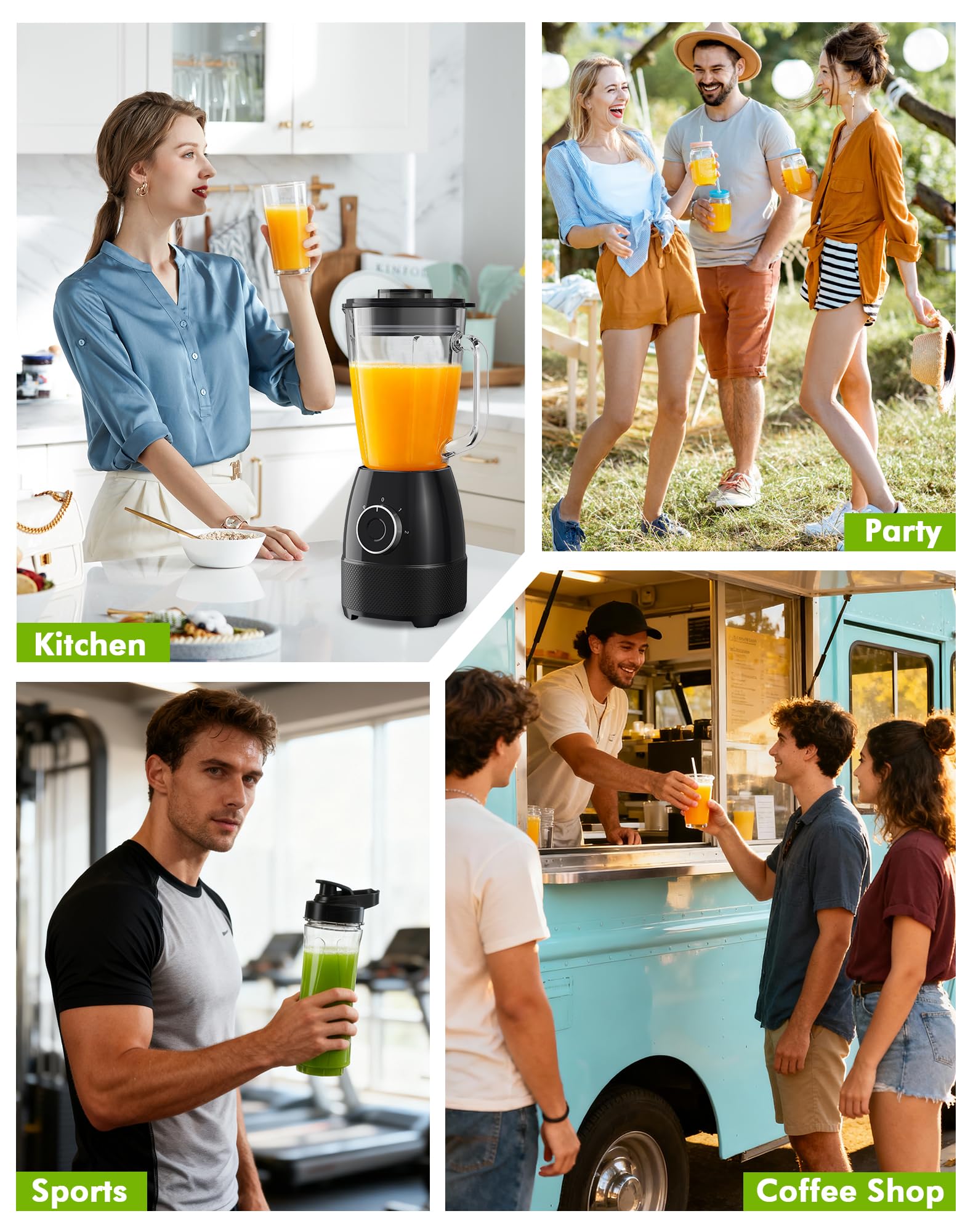 Blender, 1500 W, elektryczny smoothie blender z szklanym dzbankiem 1,5 l i przenośnymi butelkami 600 ml, regulowana prędkość, ostrze ze stali nierdzewnej do lodów, owoców, warzyw