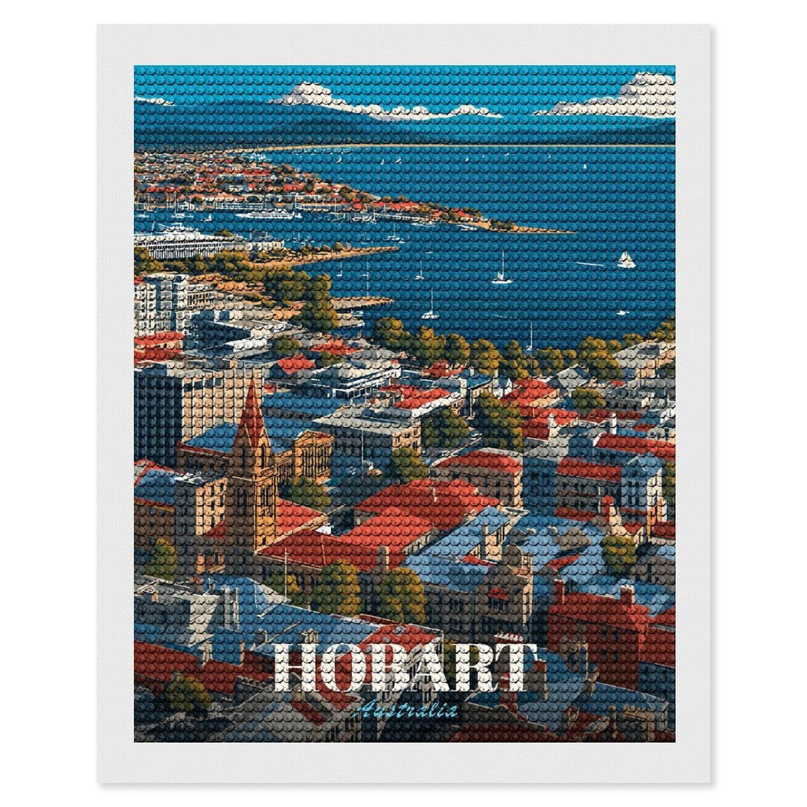 Junmoney Hobart, Australia Cityscape Crystal Diamond Art Kit 16"x20", Stress Relief Craft, Decorative Artwork, Vintage Style Decor, Birthday Gift