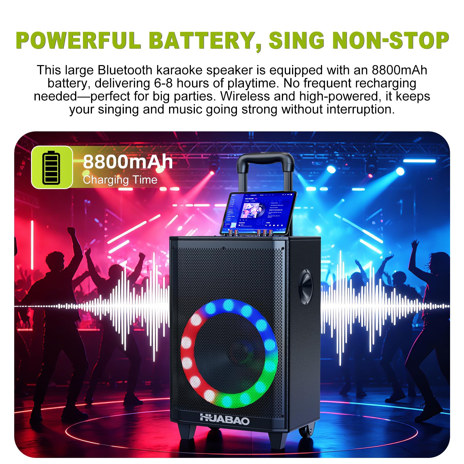 Altavoz Bluetooth Grande para Karaoke con 2 micrófonos inalámbricos, Sistema de 11 Altavoces con batería de 8800 mAh, Sistema PA con Ruedas y Luces, Mando a Distancia, FM/AUX/USB/TF, Graves y Agudos
