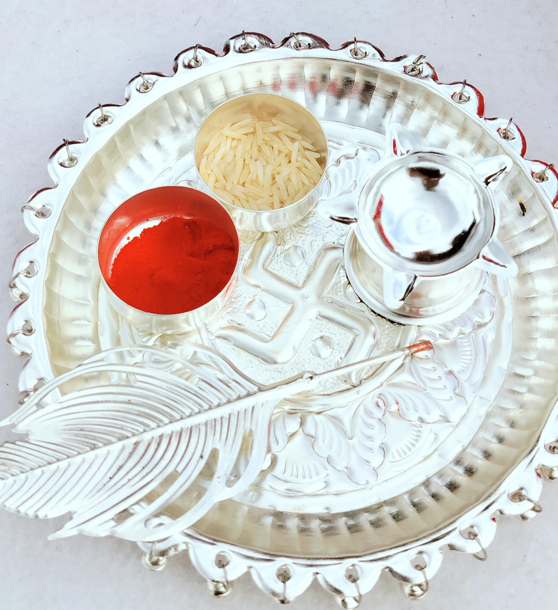 indiancraftbykanika German Silver Small Ghungaru aarti thali Set with tika Stick for Diwali