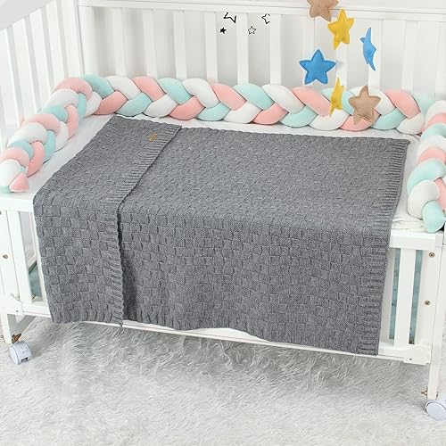 Miniatura 4 de LAWKUL Manta de punto trenzado de ganchillo gris para bebé, manta neutra segura para recién nacidos, niños y niñas, 40 x 30 pulgadas