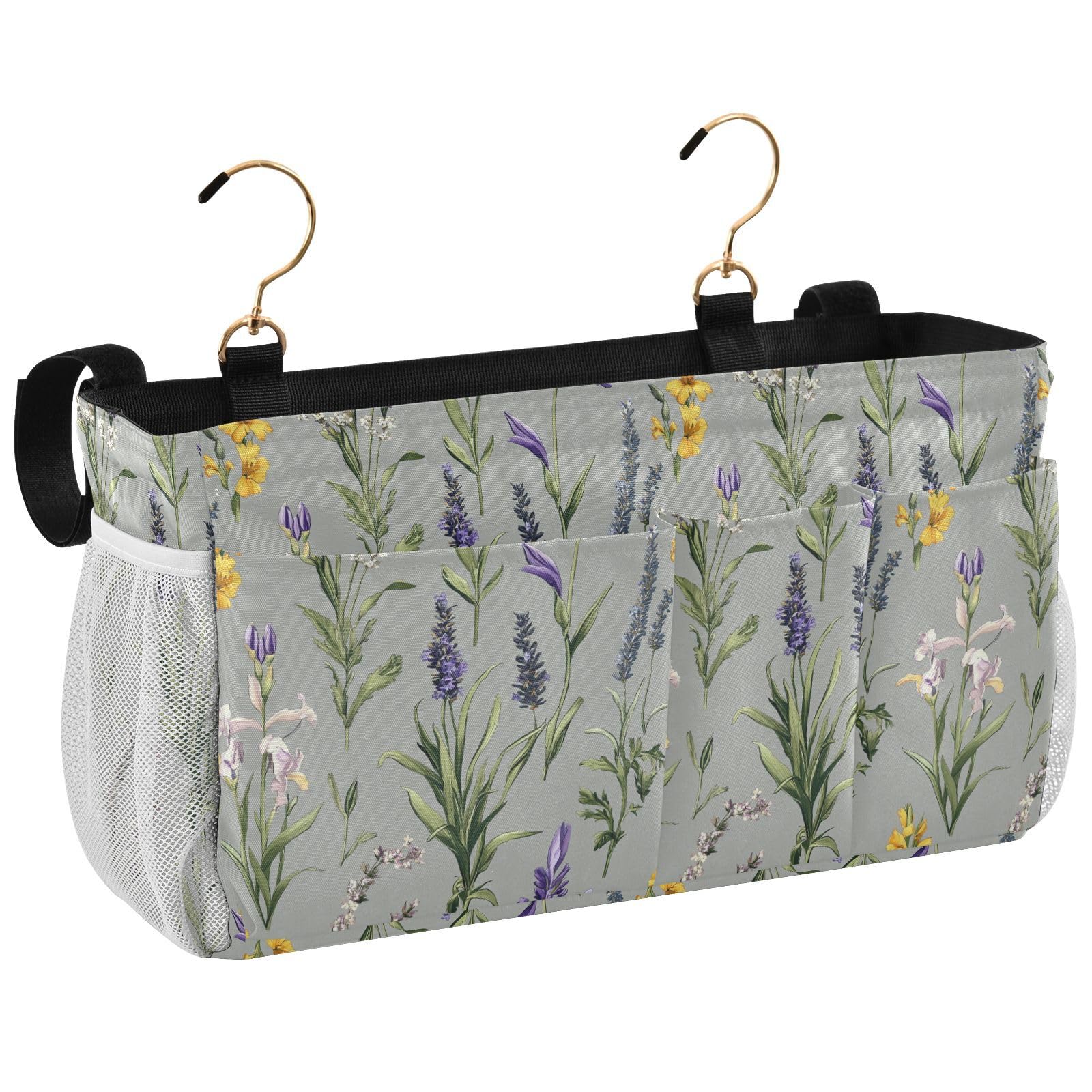 KLL Bedside Hanging Storage Hanging Storage Bag Pocket for Bunk Dorm Rooms and Hospital Bed Rails spring Flowers Iris flower Grey