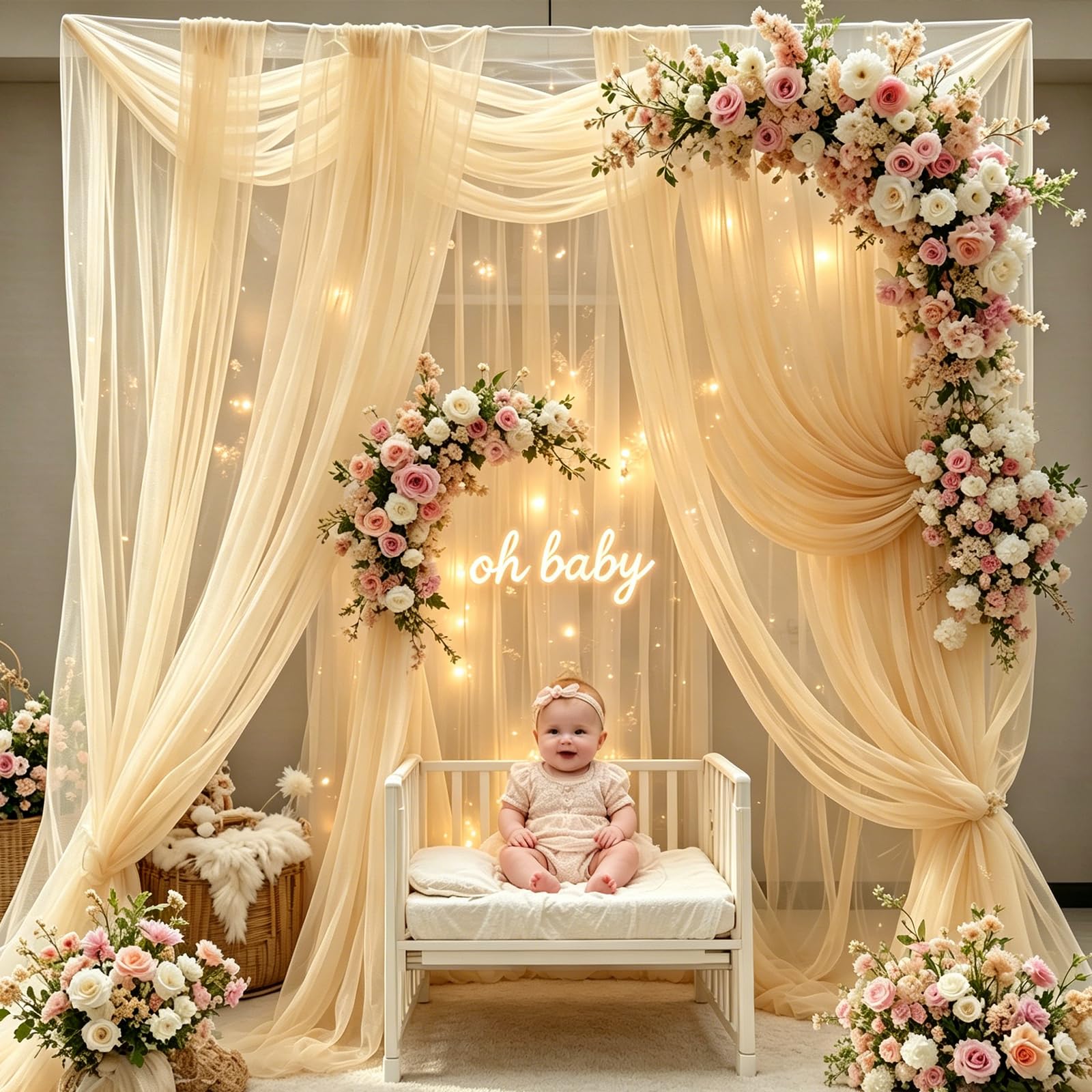 Rideaux de fond en tulle champagne avec guirlandes lumineuses pour fêtes – Rideaux transparents de 50,8 x 2,4 m avec lumières pour mariage, fête prénatale, fête d'anniversaire, décoration de