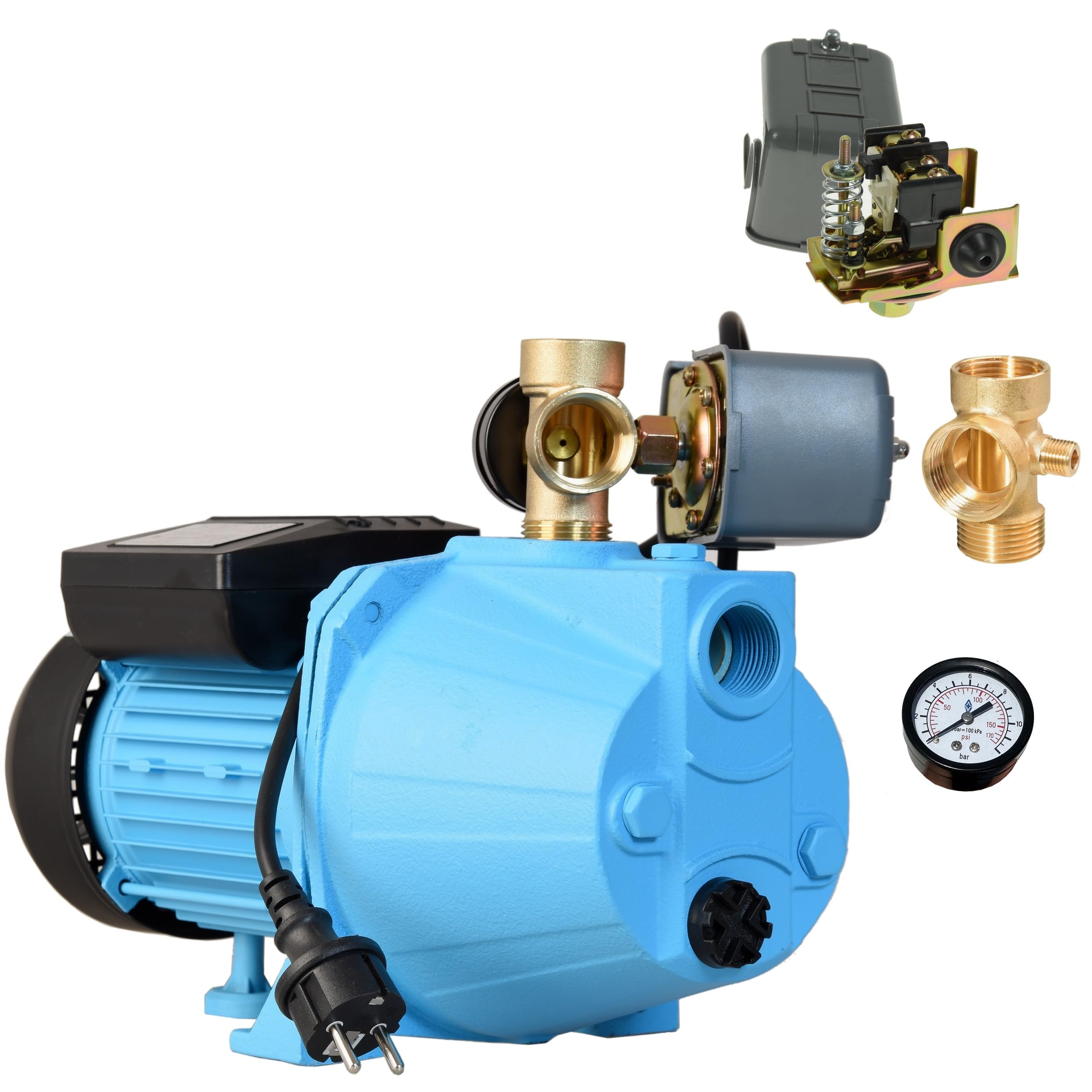 Pompe à Eau SET 100S - Pompe de Surface (1100 W, 3600 l/h hauteur de refoulement 50 m) avec Manomètre Pressostat Raccord 5 Voies - Pompe d’arrosage pour le Réservoir - pour Arrosage Pelouse, Jardin