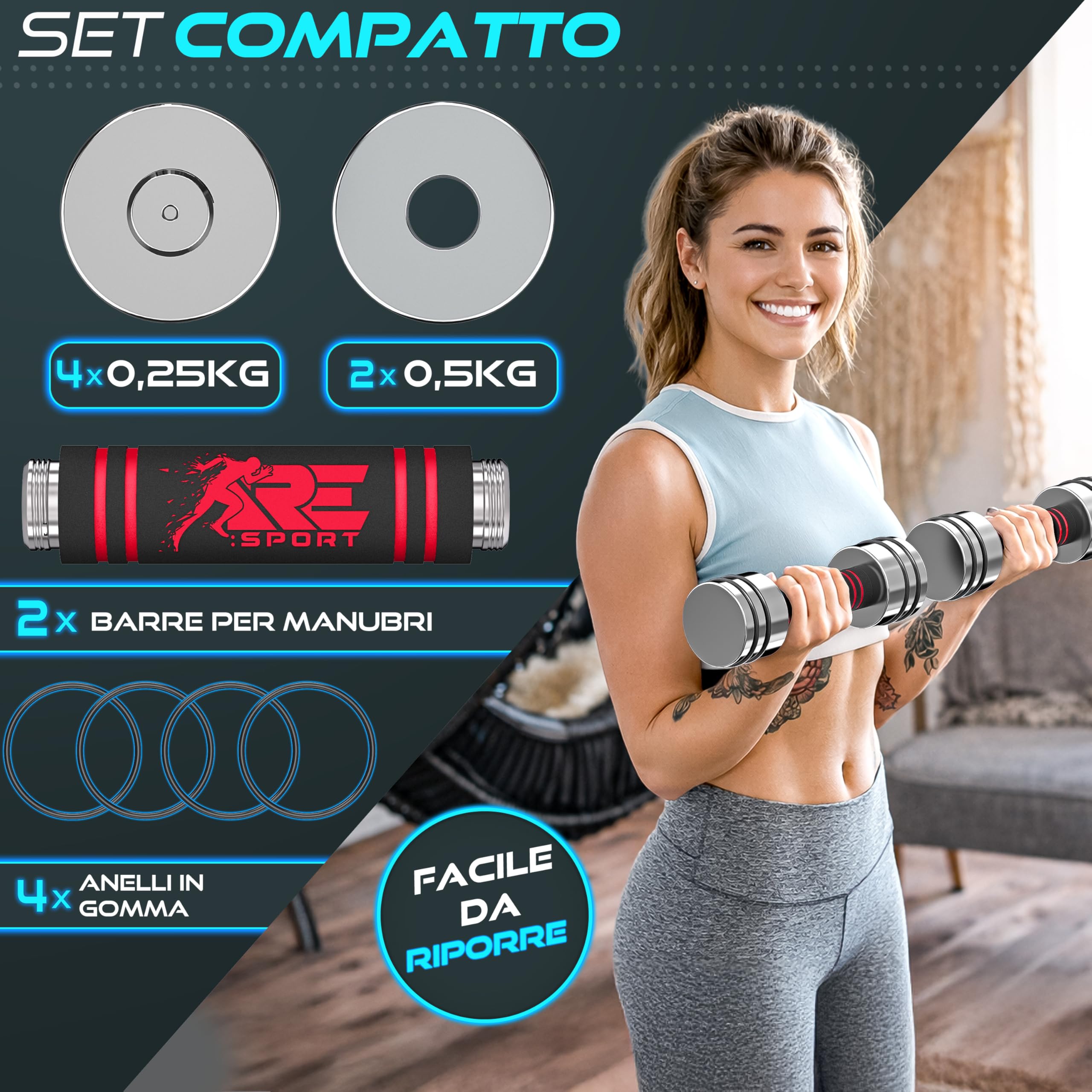 RE:SPORT Set di 2 manubri in acciaio massiccio, 2,5/5/7,5/10 kg, manubri corti con pesi e manico in gommapiuma, bilancieri per fitness, allenamento della forza e costruzione muscolare