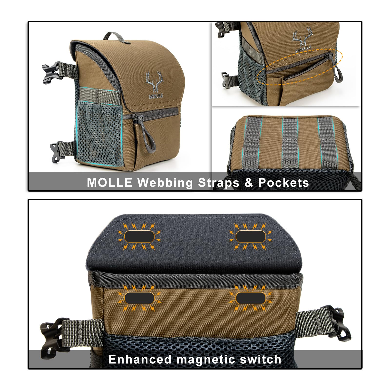 MOXULE Paquete de arnés para binoculares: Funda para binoculares con Tapa magnética y Cubierta de Lluvia para Caza (Verde)