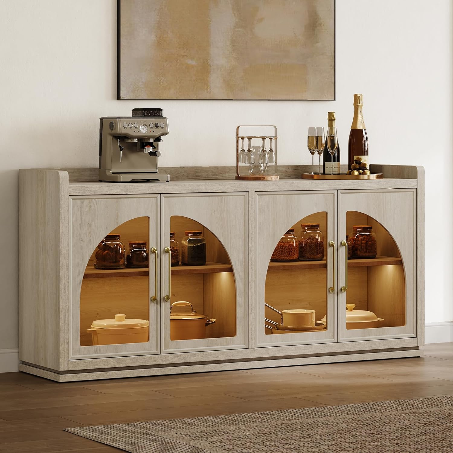 SICOTAS Sideboard Buffet Cabinet with Storage and LED Lights-Farmhouse Large Credenza Storage Cabinet with Arch Glass Doors, Adjustable Shelves, 61.7" Media Console Coffee Bar Cabinet, Grey White Oak