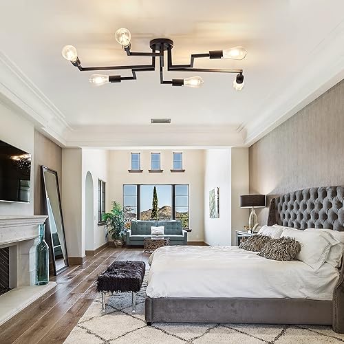 Miniatura 8 de ZGLAOJT Lámpara de techo de 6 luces, lámpara de techo vintage semiempotrada, araña negra para comedor, sala de estar, cocina, granja.