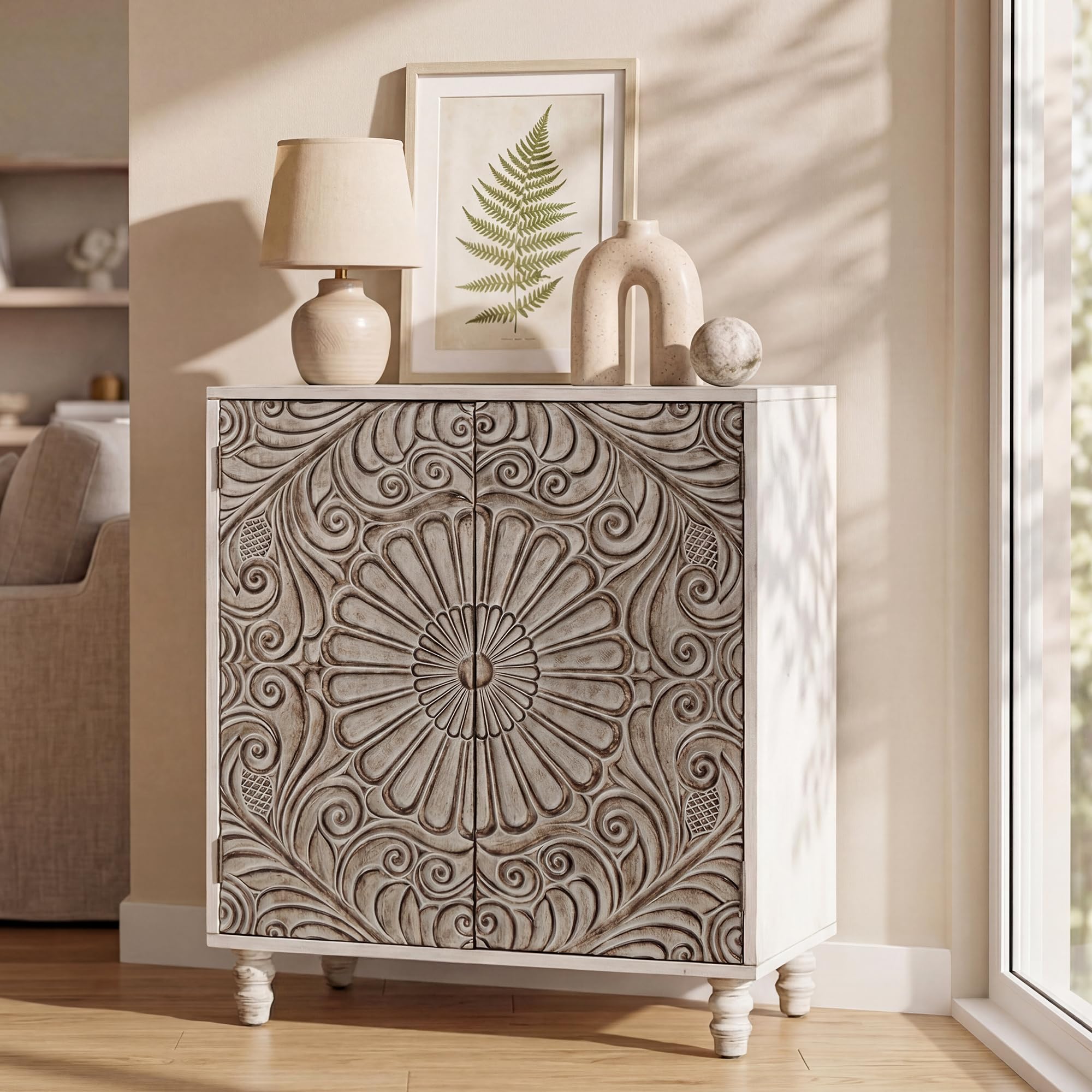 COSIEST 32" W Sideboard Buffet Cabinet with Storage, Accent Cabinet with 2 Push-to-Open Magnetic Doors, Vintage MDF Buffet Table for Living Room, Kitchen, Hallway (Gray,Flower Pattern)