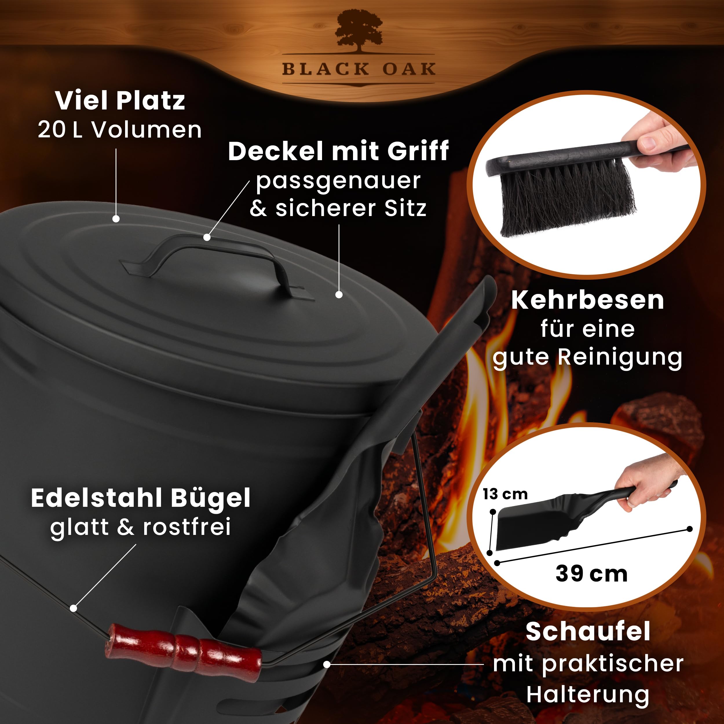 BLACK OAK Stromboli Asemmer, 20 liter, zwart met deksel, schep en bezem, beugel, zwart, groot, 20 liter, staal, vuurvast verzinkt, gepoedercoat, as en kolen, emmer, accessoires, open haard BLACK OAK Stromboli Asemmer, 20 liter, zwart met deksel, schep en bezem, beugel, zwart, groot, 20 liter, staal, vuurvast verzinkt, gepoedercoat, as en kolen, emmer, accessoires, open haard