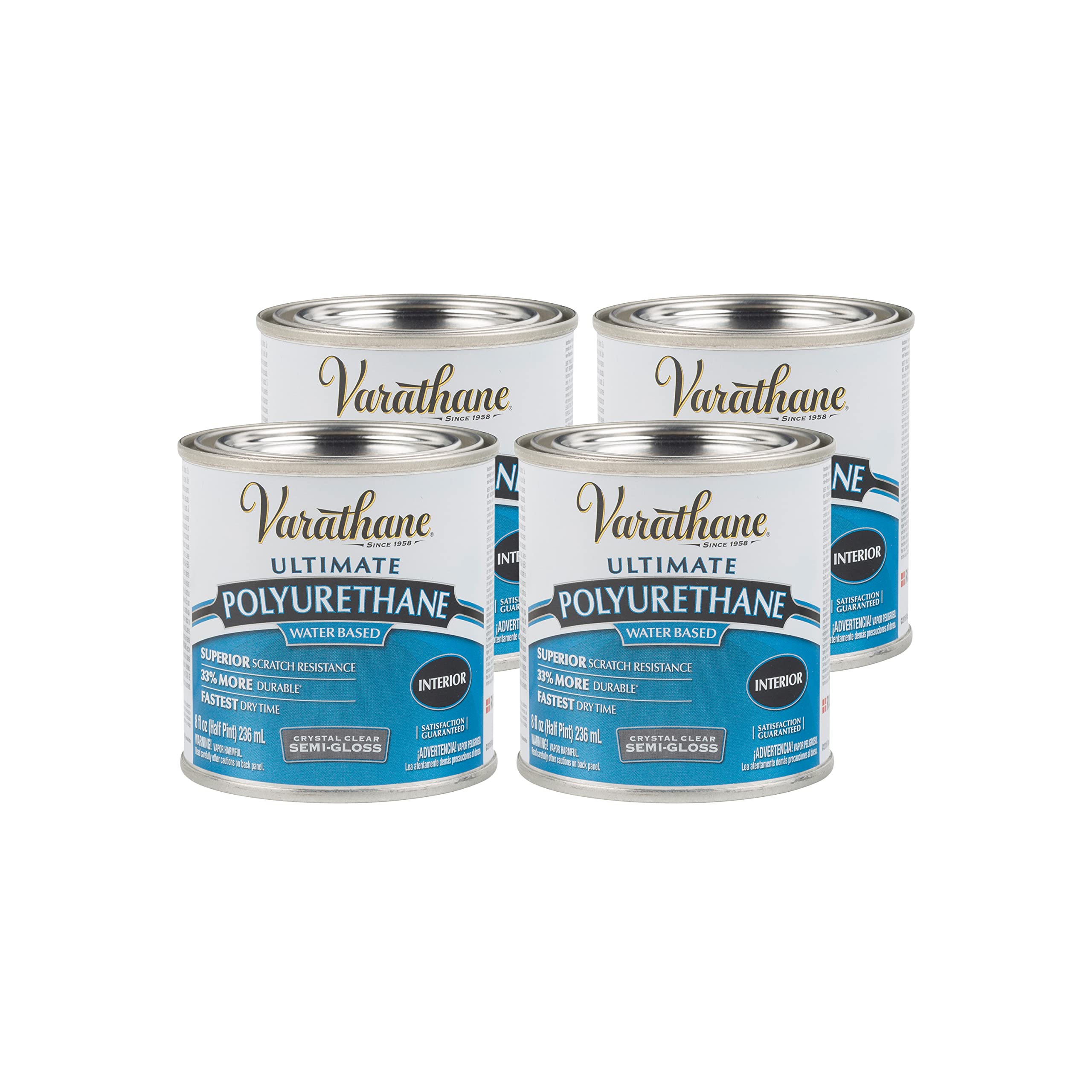 Varathane Water-Based Ultimate Polyurethane, Half Pint, Semi-Gloss, 4 Pack