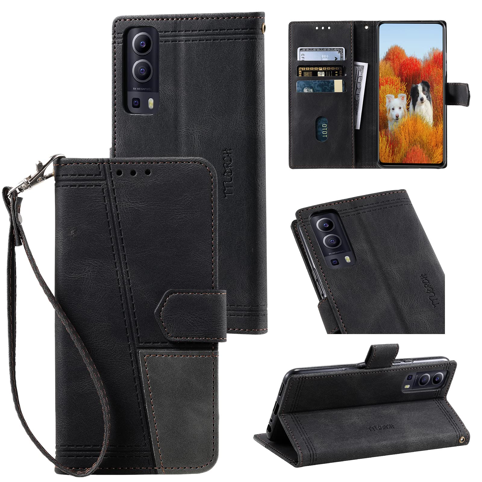 BLOTECH Splice Case for Vivo Y52 5G / Vivo Y72 5G, Case for Vivo Y52 5G / Vivo Y72 5G PU Leather Girly Phone Wallet Case with Credit Card Slot Magnetic Closure Flip Kickstand Cover Black