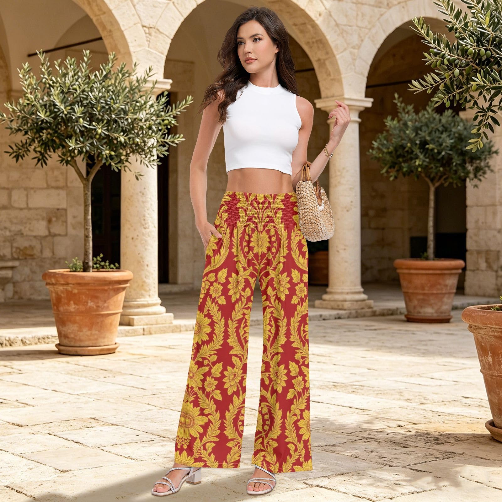 Pantaloni da donna palazzos damascati rossi a vita alta, vestibilità ampia, pantaloni estivi