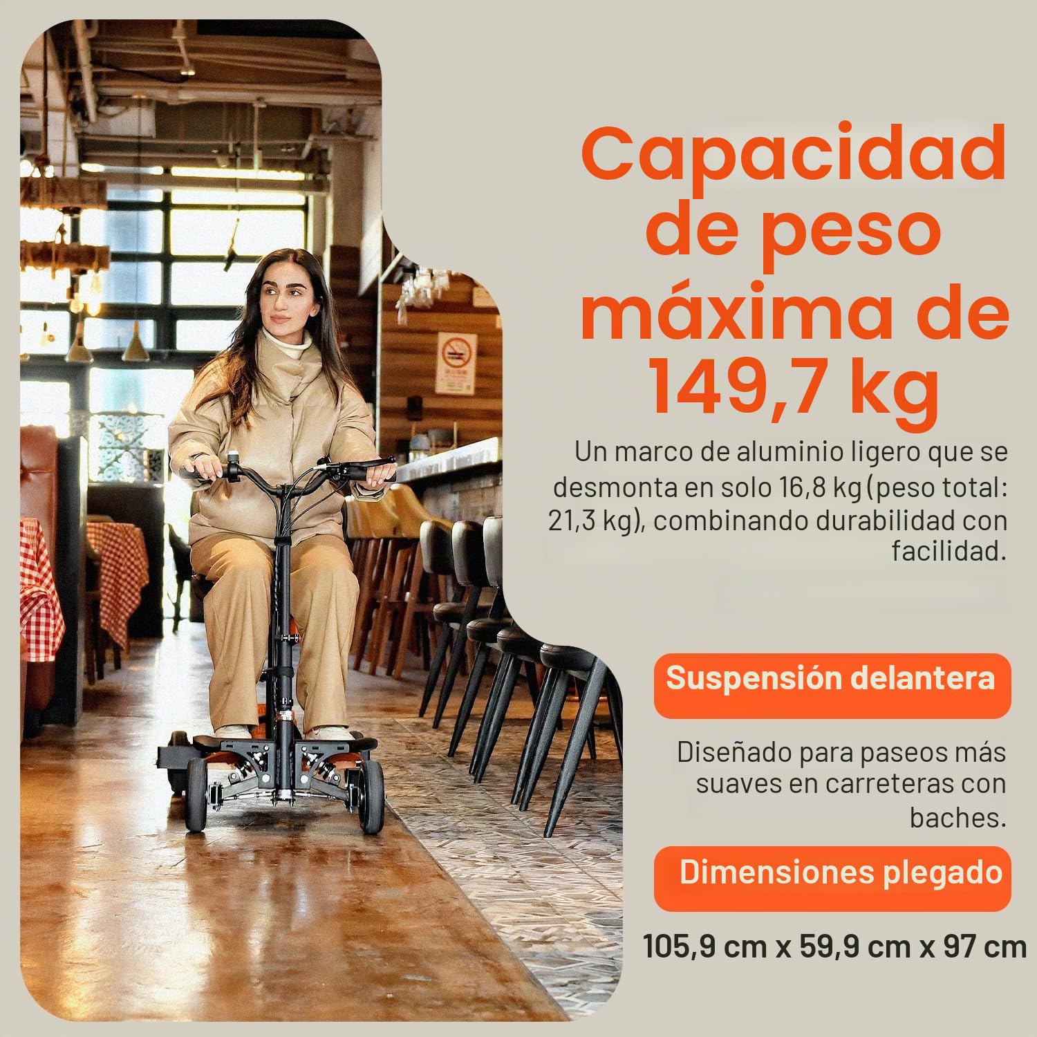 SuperHandy Scooter de Movilidad Passport Pro - Estructura Plegable de Aluminio, 4 Ruedas, Incluye 2 Baterías de Litio-Ion de 48V 2Ah y Cargador, Soporta hasta 150kg [Patente Pendiente]