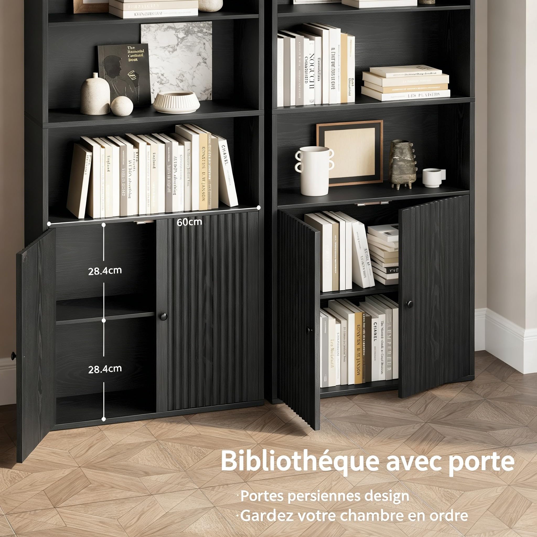 IRONCK Bibliothèque avec Portes - Étagère sur Pied à 6 Niveaux - Étagère en Bois avec Portes - Étagère de Rangement Ouverte pour Bureau, Salon, Chambre à Coucher - 180 x 60 x 23,5 cm - Noir