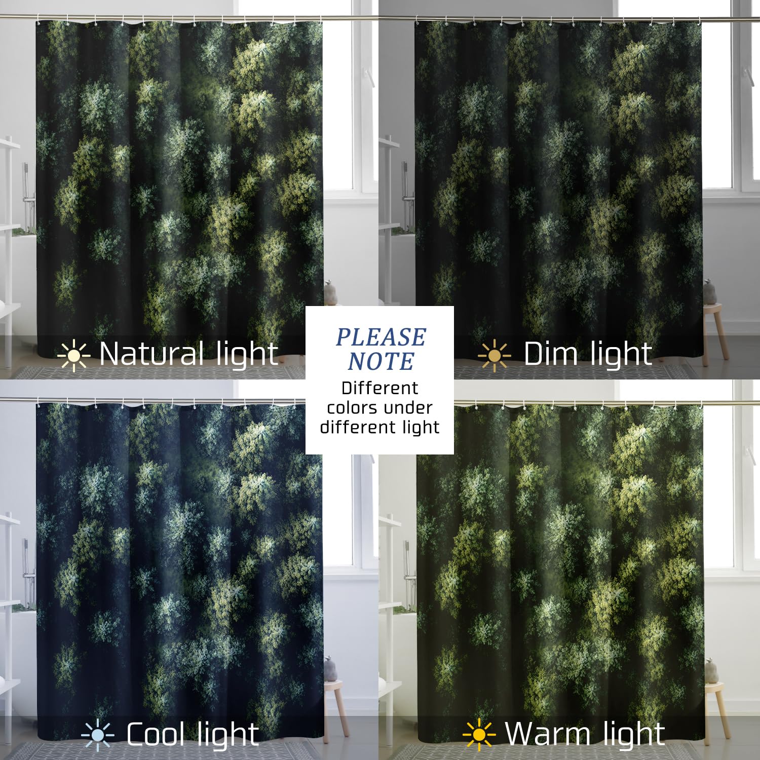 Ensemble de rideau de douche printanier surplombant la forêt, rideau de douche arbre nature 3D, accessoires de salle de bain bois, motif imprimé décoratif -72 x 78 cm