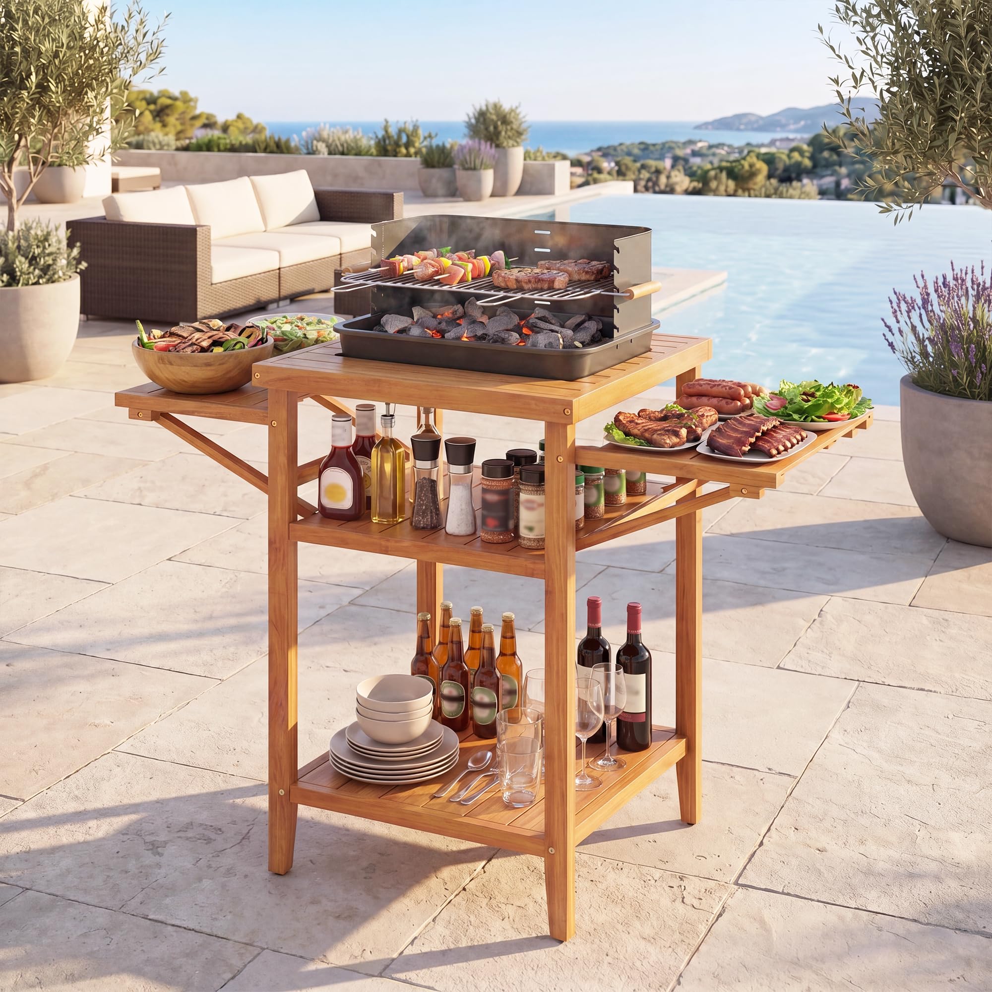 GOPLUS Table de Barbecue Extérieure en Bois d'Acacia, Desserte Plancha avec Dessus en Résine Faux Marbre, 2 Plateaux Rabattables, 2 Étagères Ouvertes, pour Jardin, Terrasse, 124,5 x 60 x 89,5 cm