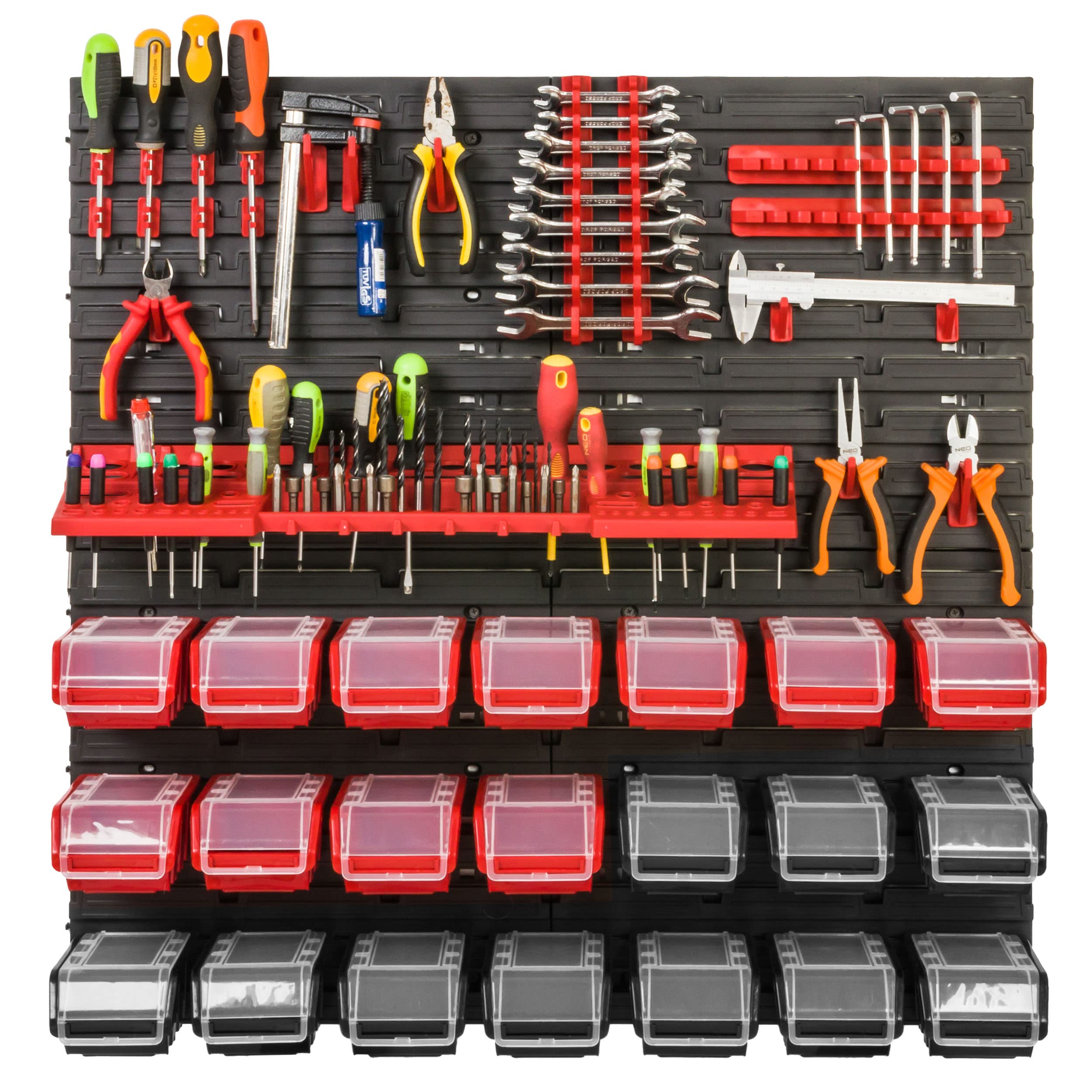 Système de rangement étagère d'atelier | 78 x 78 cm | Boîte de 21 pièces | Étagère murale avec supports à outils et boîtes empilables - Plaques murales extra solides - Étagère murale perforée -