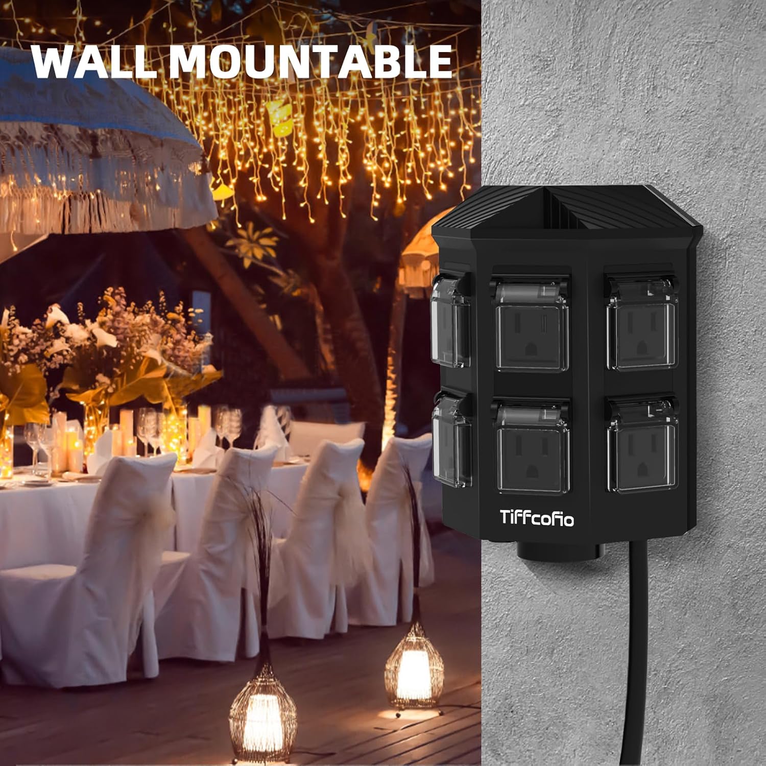 Tiffcofio power strip wall-mounted in an outdoor patio setting