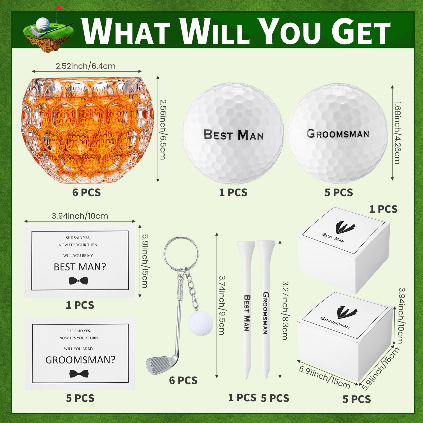 Funnymoom 36 Pcs Golf Groomsman Proposal Gift Box Set of 6, Golf Ball Tees Keychain Whiskey Glass with Invitation Cards Accessories for Wedding Best Men DIY Gifts