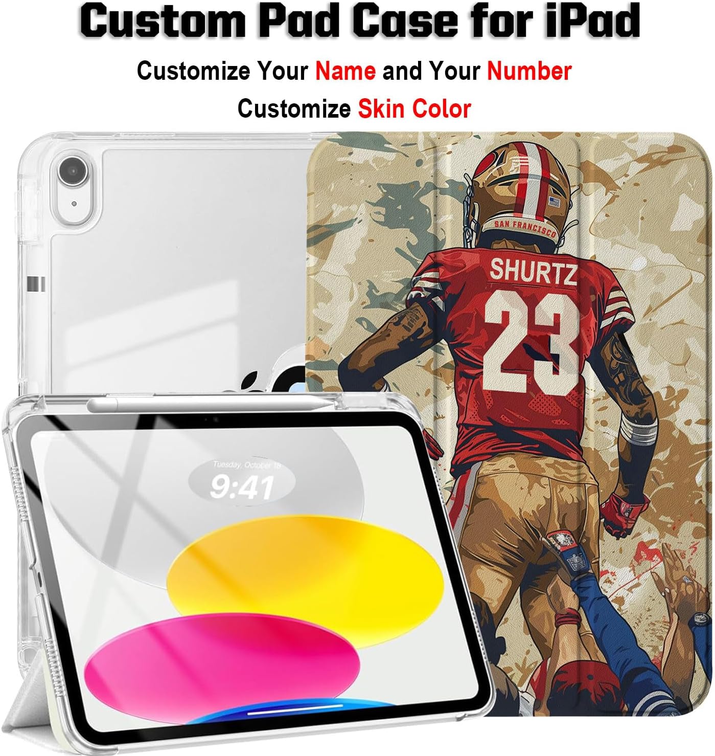 IKPYTREE Custom Name/Number Case for iPad (A16) 11th Gen 11 inch 2025 & 10th 10.9 inch 2022 & 9th/8th/7th Gen 10.2 inch 2021/2020/2019,with Football Lover’s,with Pencil Holder(San Francisco Red)