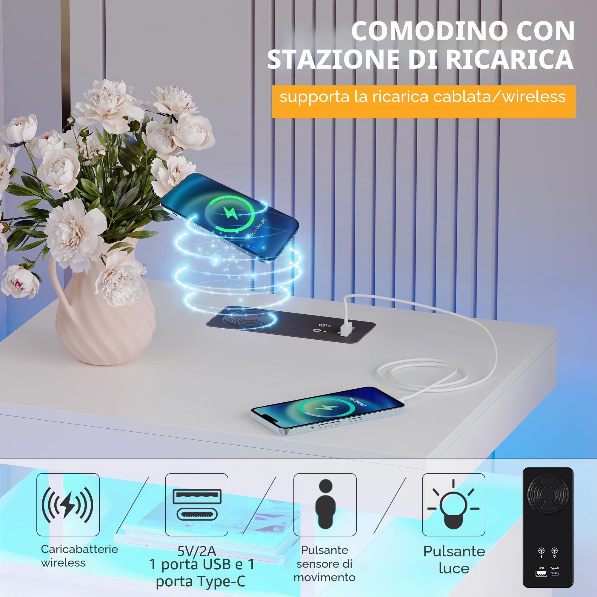 Vlsrka LED Comodino con stazione di ricarica, luce a 3 colori, Bianco