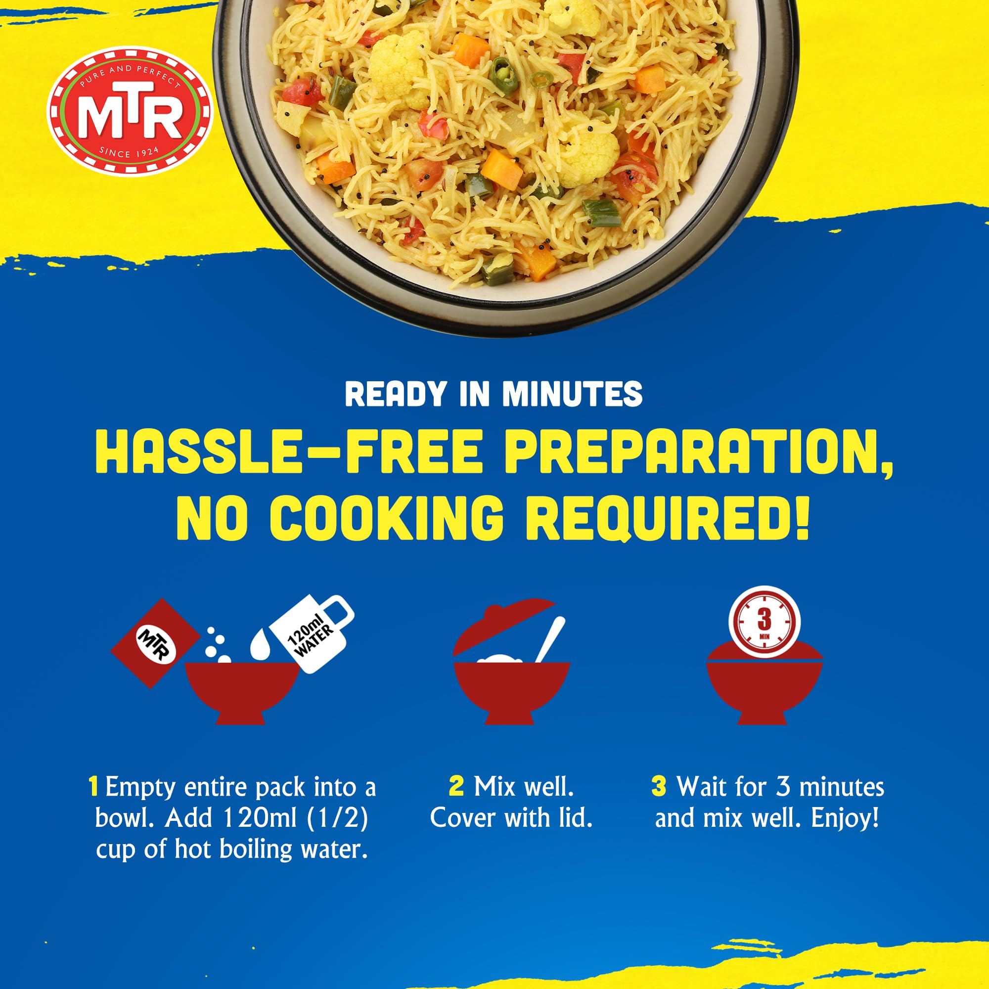 MTR 3minute Seviyan Vermicelli Upma - Ready-to-Cook Mix - Authentic Indian Food in Just 3 Minutes - 100% Vegetarian - No Added Preservatives - Just Add Hot Water - Quick & Easy (Seviyan Vermicelli Upma - 160g, Pack of 6)