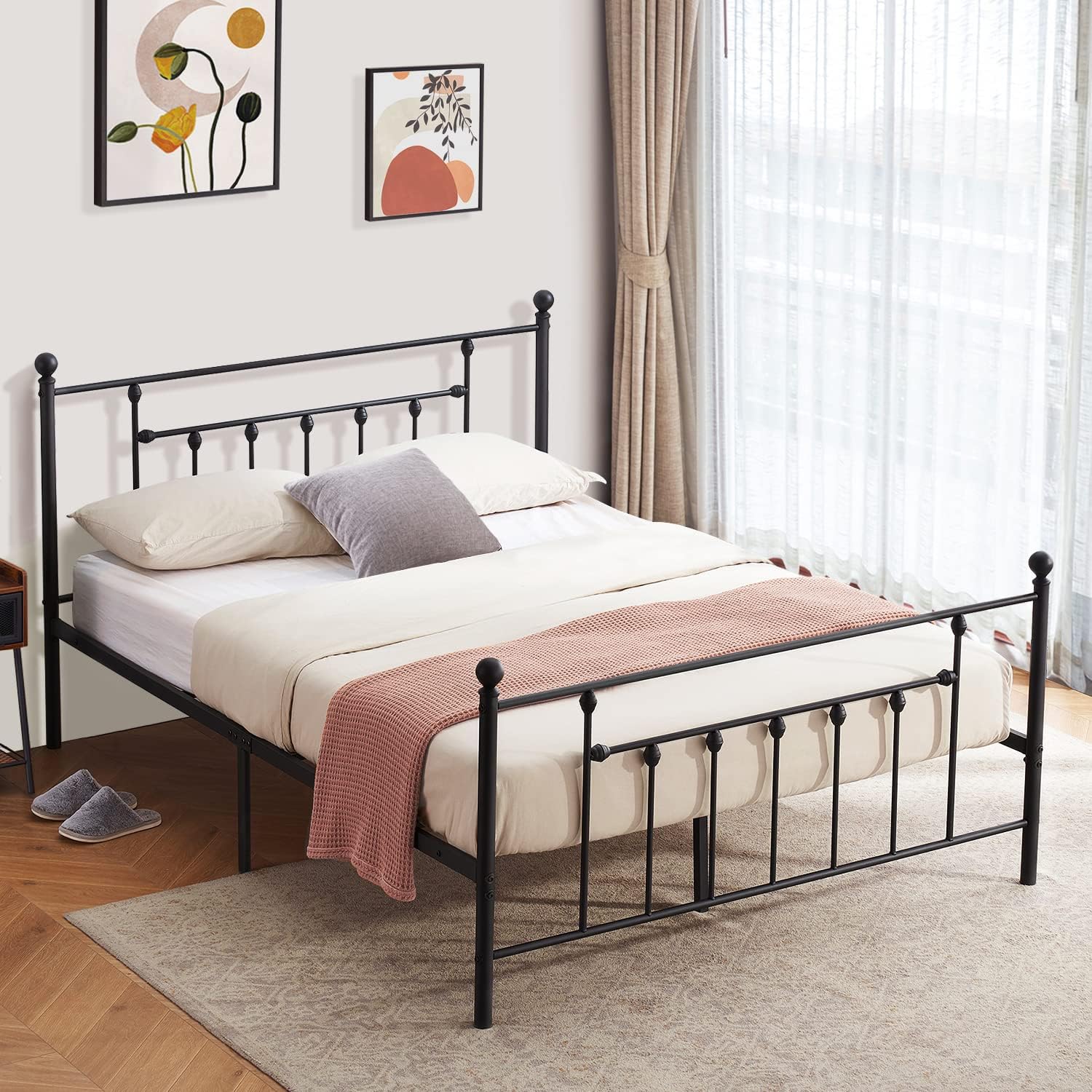 VECELO Queen Size Metal Platform Bed Frame with Headboard and Footboard, Heavy Duty Slat Support/No Box Spring Needed Mattress Foundation/Underbed Storage Space, Victorian Style