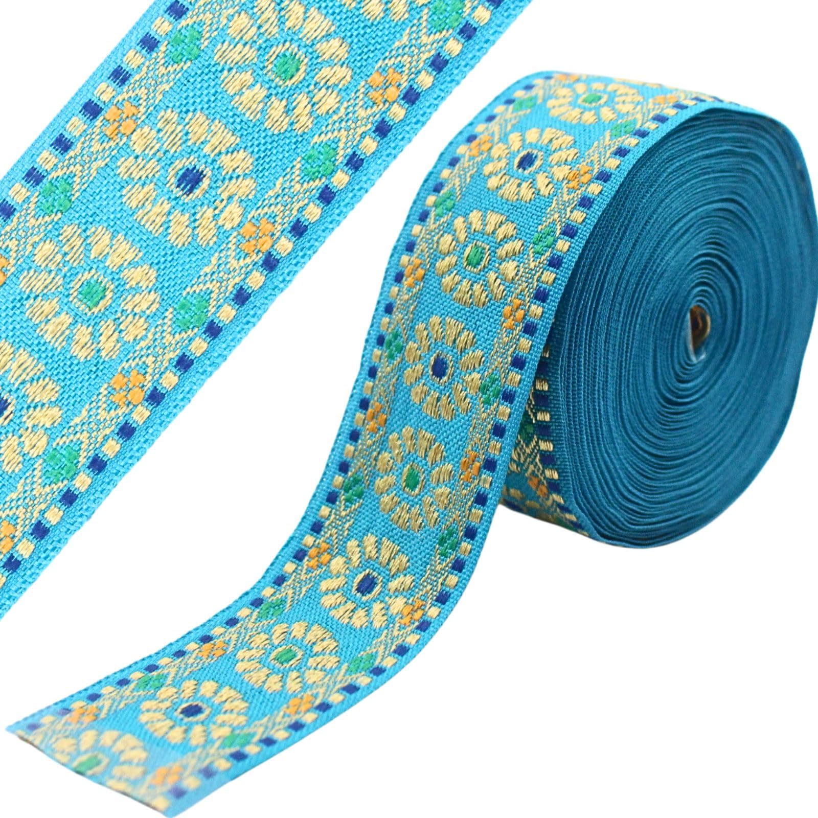 PEARLY JUN 7 Yards Blue Jacquard Ribbon Embroidered Vintage Ethnic