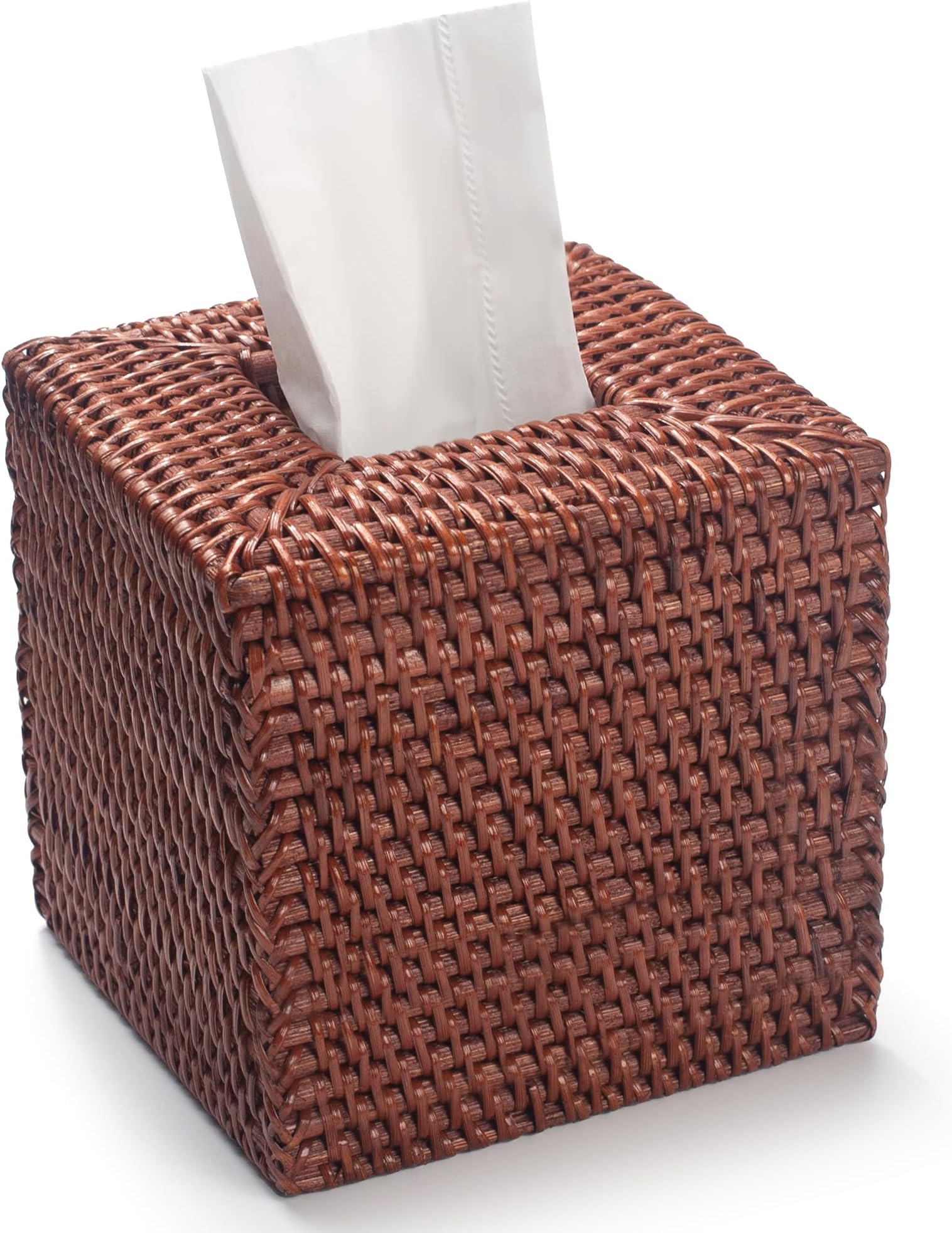YANGQIHOME Square Rattan Tissue Box Cover, Hand Woven Wicker Tissue Holder, 14.5 x 14.5 X 14.5 cm, Honey Brown