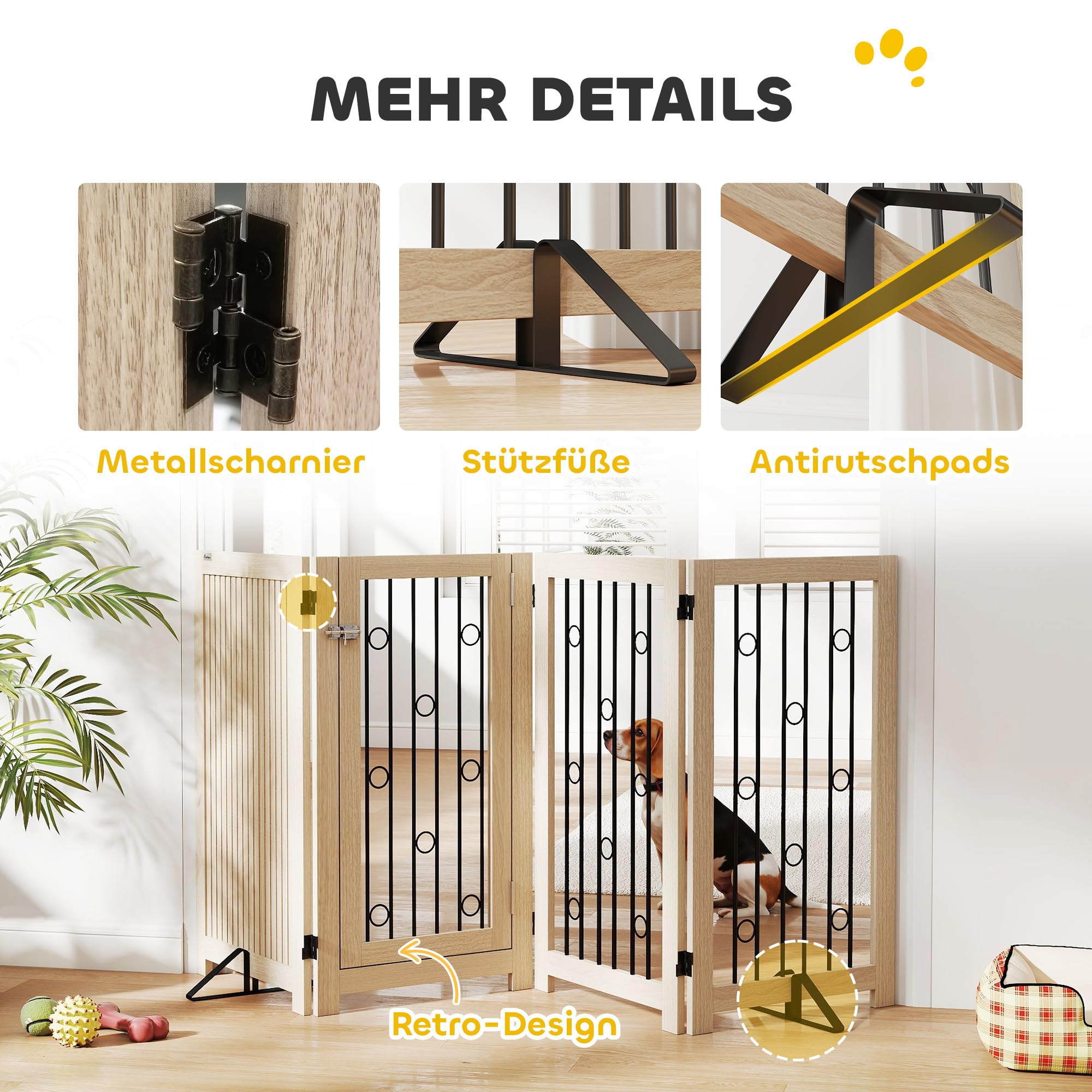 PawHut Absperrgitter Hund Faltbares 4 Paneelen HxB 91,5 x 205 cm Eiche | Freistehendes Schutzgitter, 2 Stützfüßen, Abschließbarer Tür, Haustiergitter Küche Kamin Tür