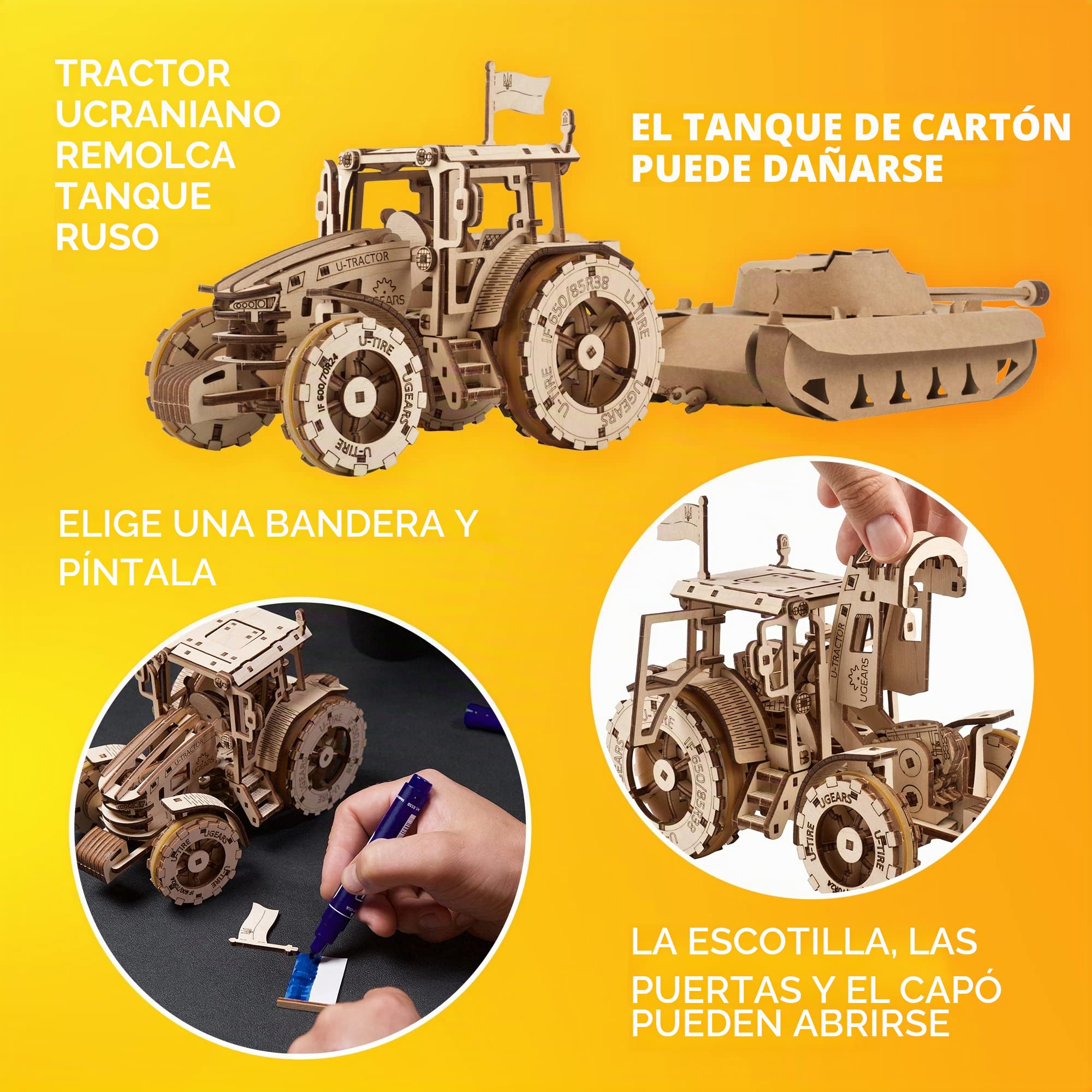 UGEARS Puzzle 3D El Tractor GANA - Maqueta para Construir para Adultos de Tractor de Madera Potente con depósito de Papel Plegable - Maquetas de Madera y Puzzles 3D – DIY Maquetas para Montar