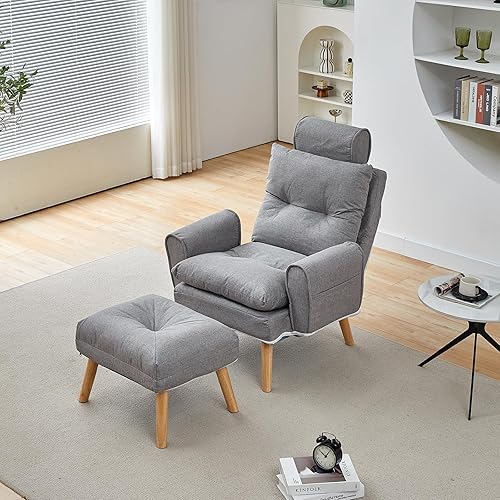 Miniatura 8 de TUKAILAi Silla decorativa moderna con otomana, sillón tapizado de tela de lino con respaldo ajustable, cómodo sofá con reposapiés para sala de estar