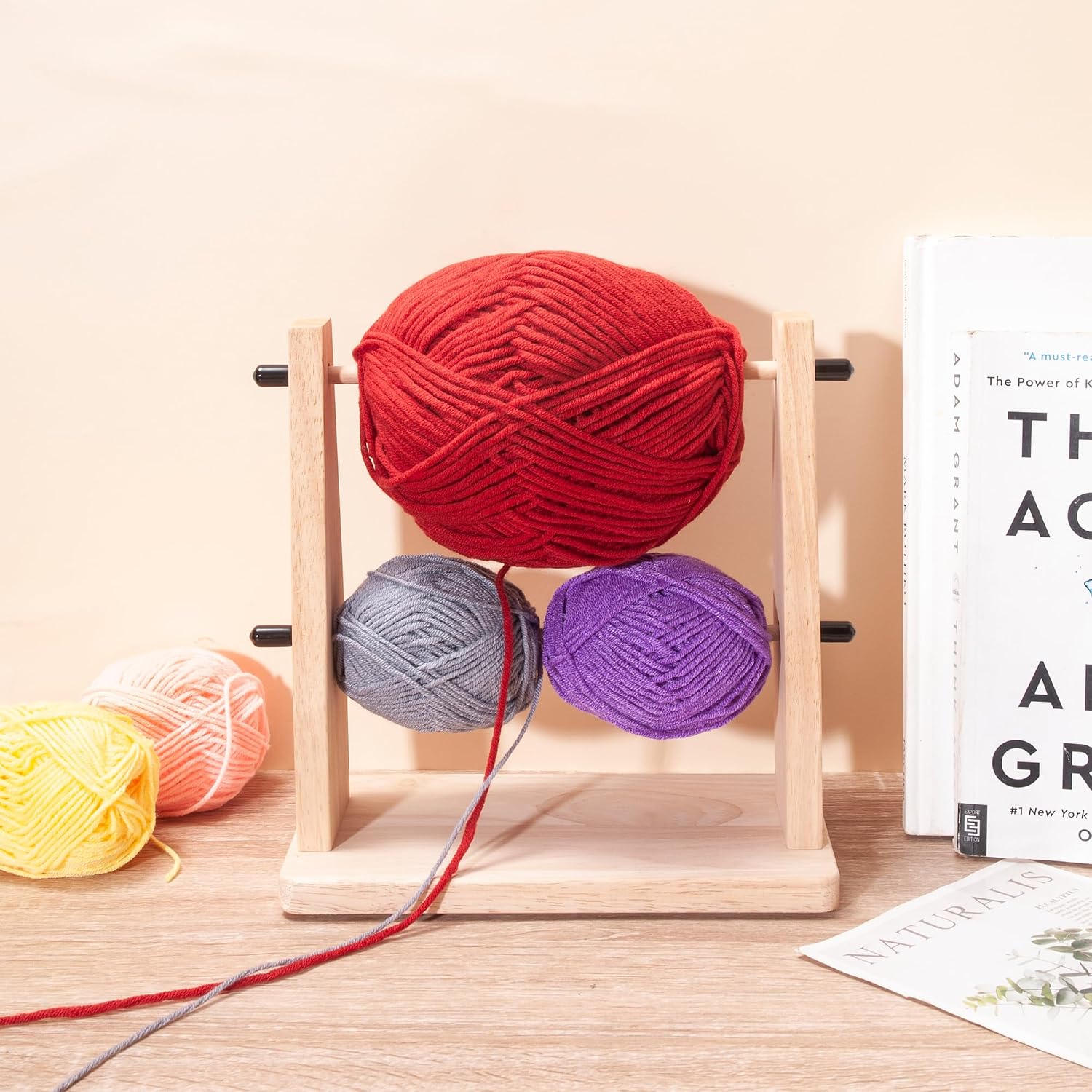 Donmills Wooden Yarn Holder for Crocheting and Knitting, 2-Tier Horizontal Yarn Organizer Knitting Tools, Yarn Ball Storage Rack Crochet Supplies and Accessories, Wood Yarn Dispenser for Crafters