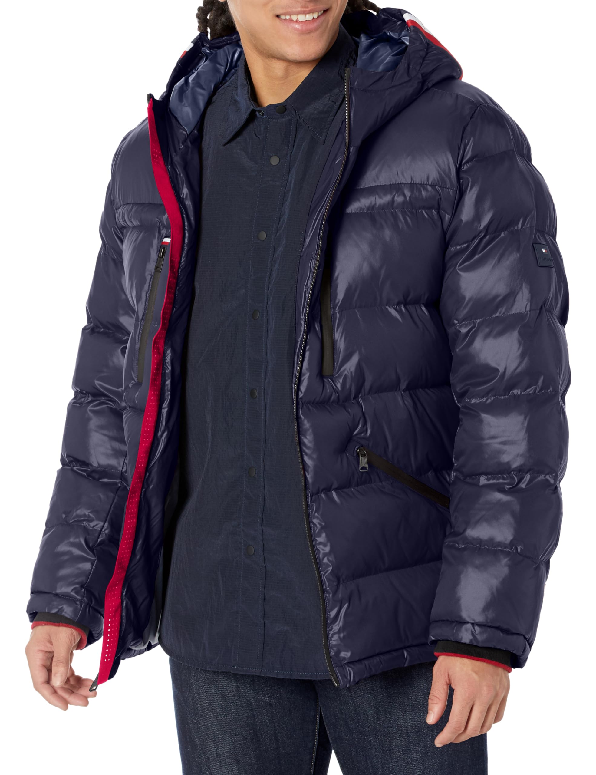 Tommy Hilfiger Men's Navy Shiny Midweight Logo Puffer, Xxl