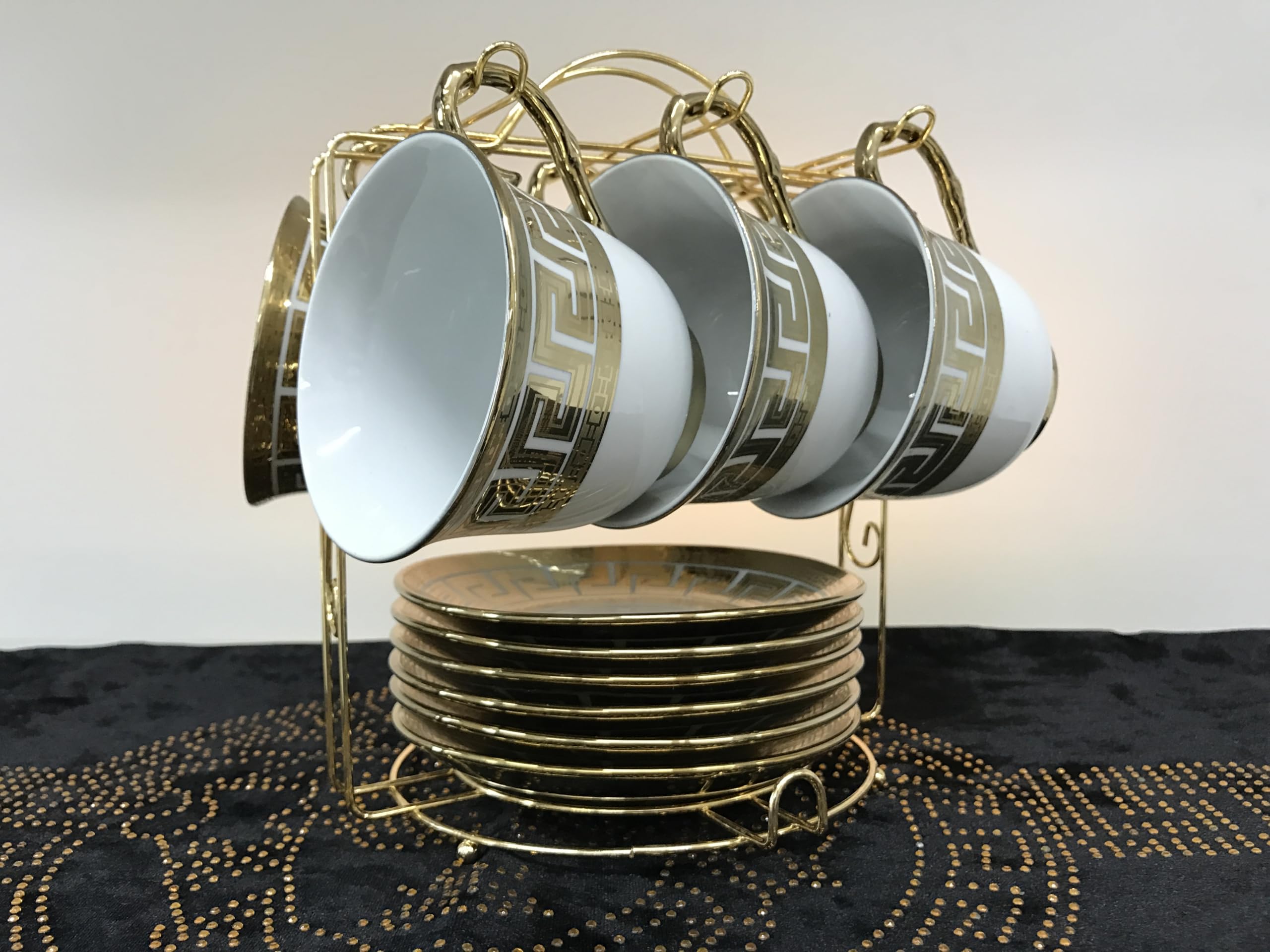 Porcelanowy serwis do kawy, zestaw filiżanek do kawy dla 6 osób, 13-częściowy zestaw filiżanek do kawy, latte cappuccino, metalowy stojak, Meduza Meander, 6 x filiżanki + 6 x spodek
