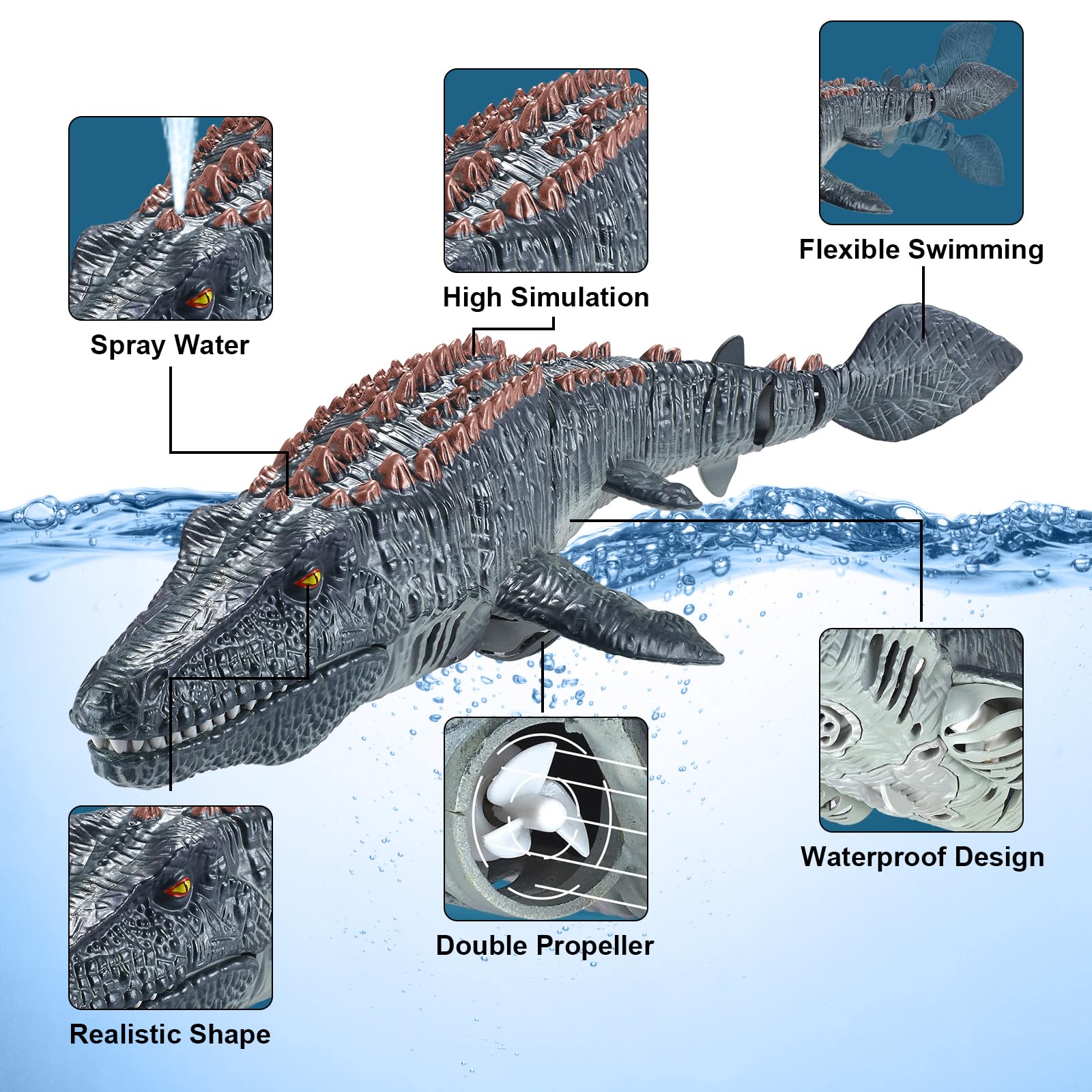 Juguetes Mosasaurus con Control Remoto para niños, Barcos Teledirigido, Barco de Dinosaurio Eléctrico RC con Agua pulverizada y luz para Piscina, Lago, baño, Juguetes de baño (Gris)