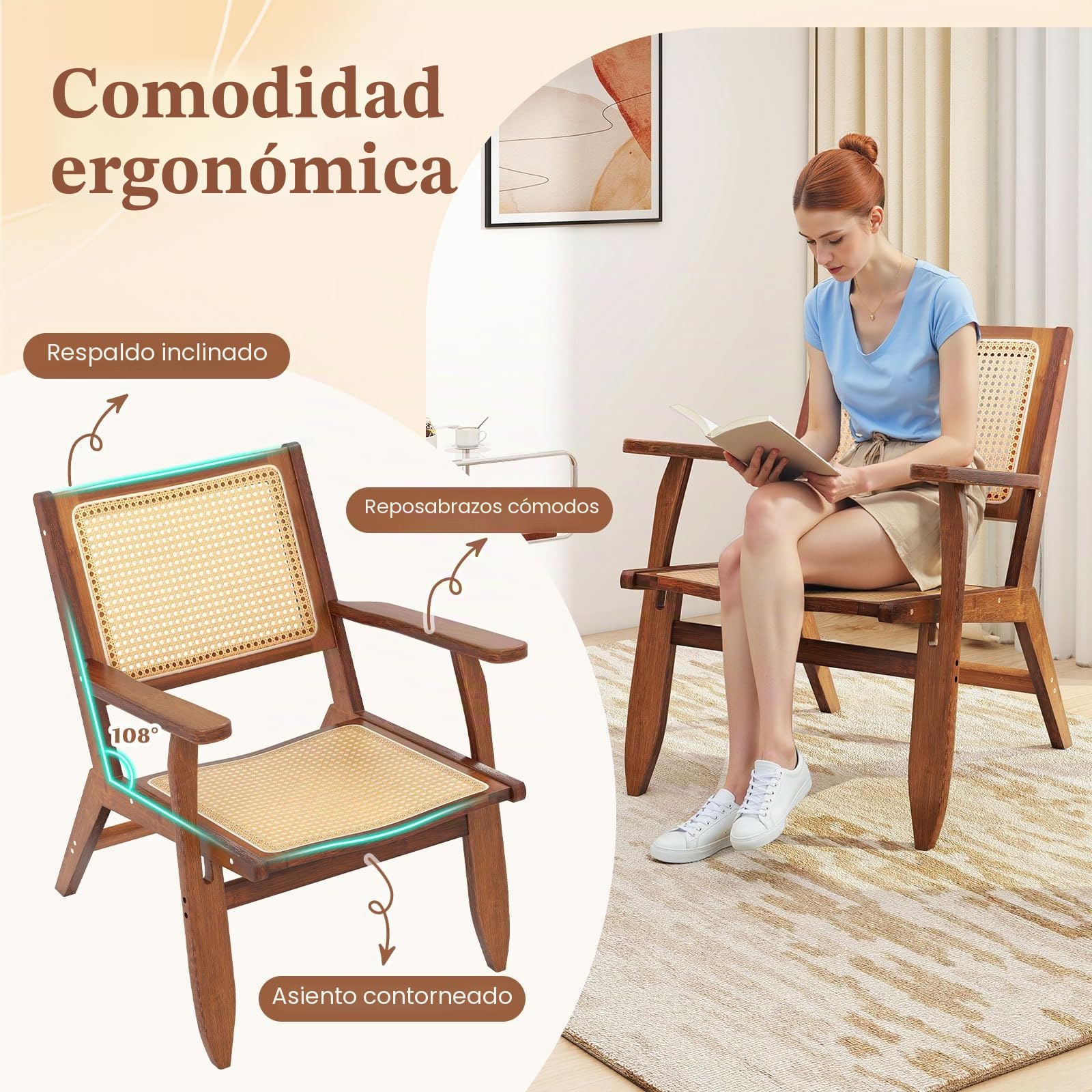 GIANTEX Sillón de Relax de Bambú con Respaldo Inclinado y Apoyabrazos, Diseño de Ratán Tejido, 60 x 72 x 77 cm, Carga hasta 150 kg, Silla Baja para Salón, Dormitorio, Balcón