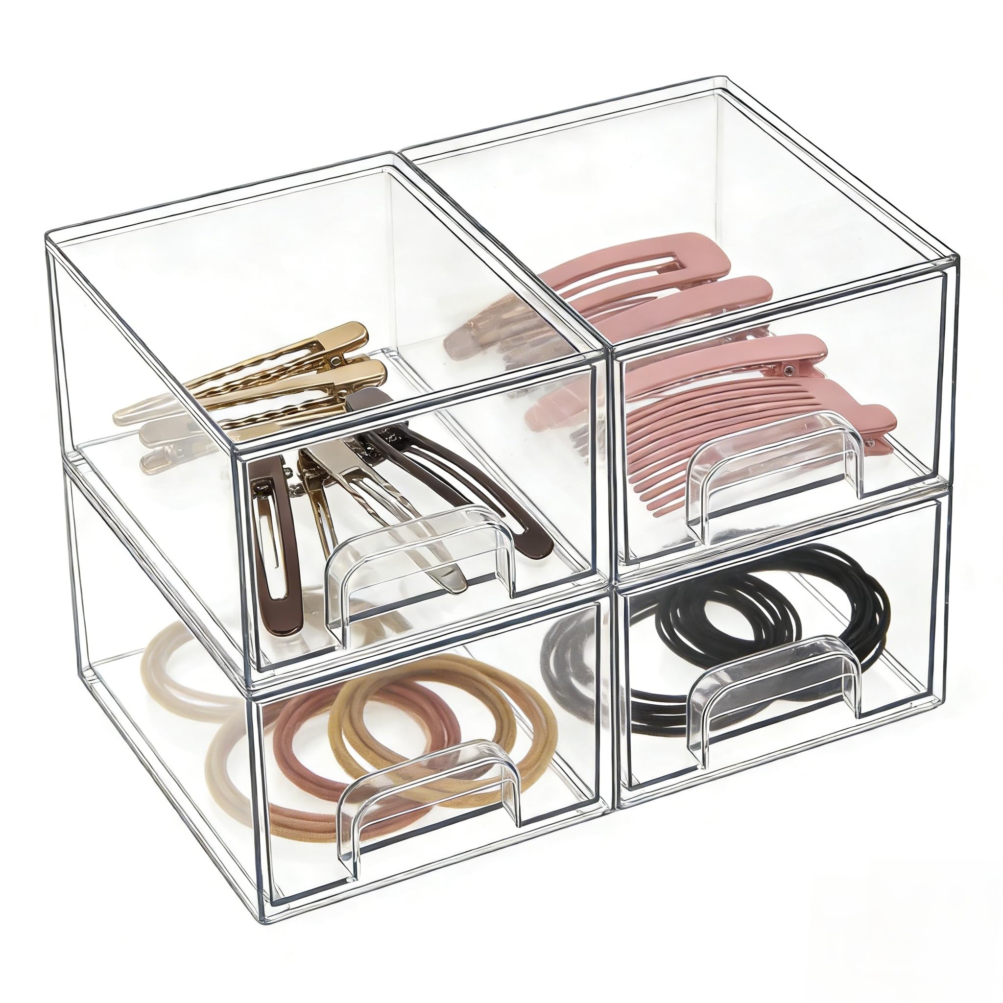 4 Pack Small Clear Stackable Storage Drawers,Acrylic Bathroom Makeup Organizer,Plastic Storage Bins For Vanity, Undersink, Kitchen Cabinets, Pantry, Home Organization