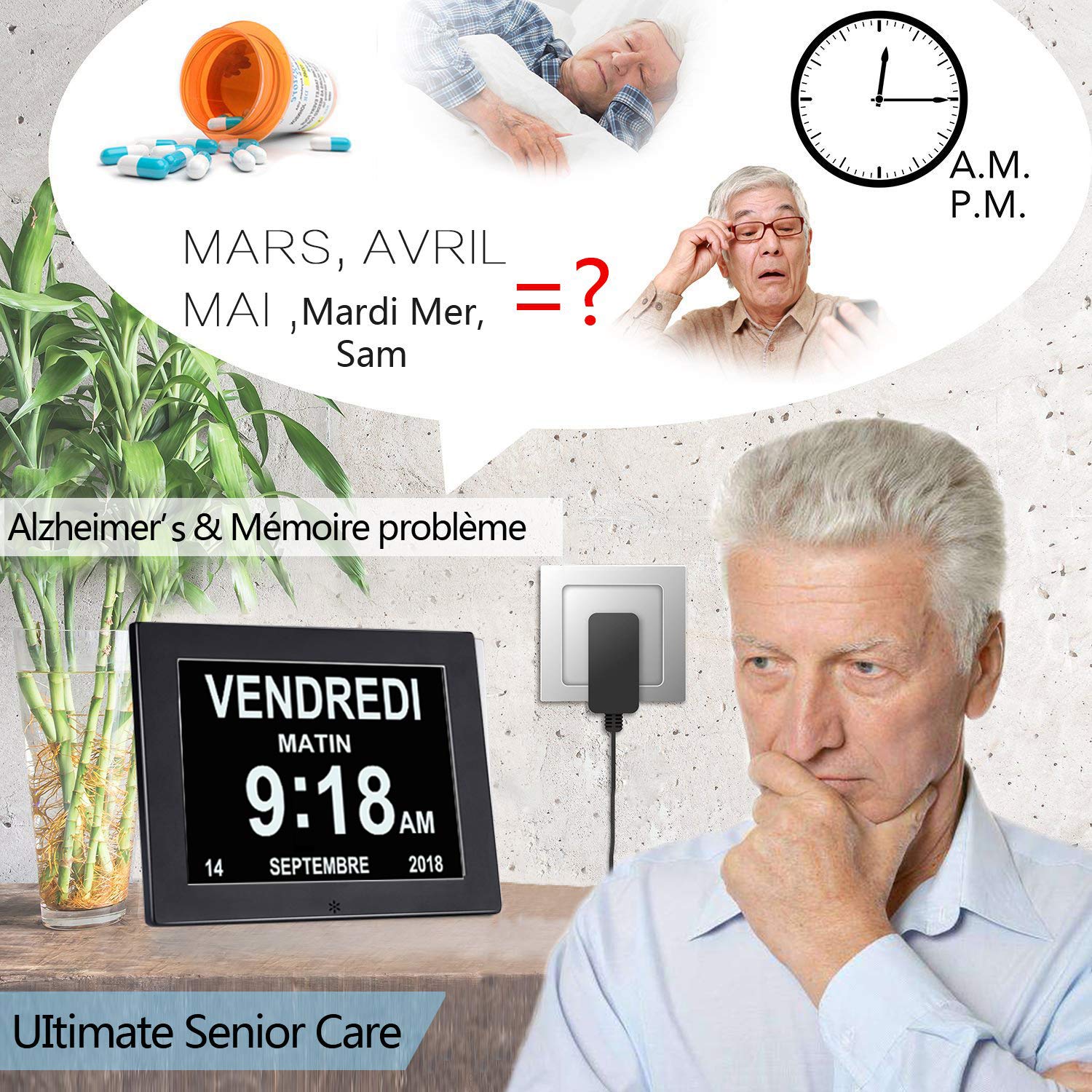 SENXINGYAN Reloj Digital de 8 Pulgadas con Calendario, con Fecha y Hora, Reloj no abreviado automático, 8 lenguas HD, Pantalla para Alzheimer a Personas Mayores y niños